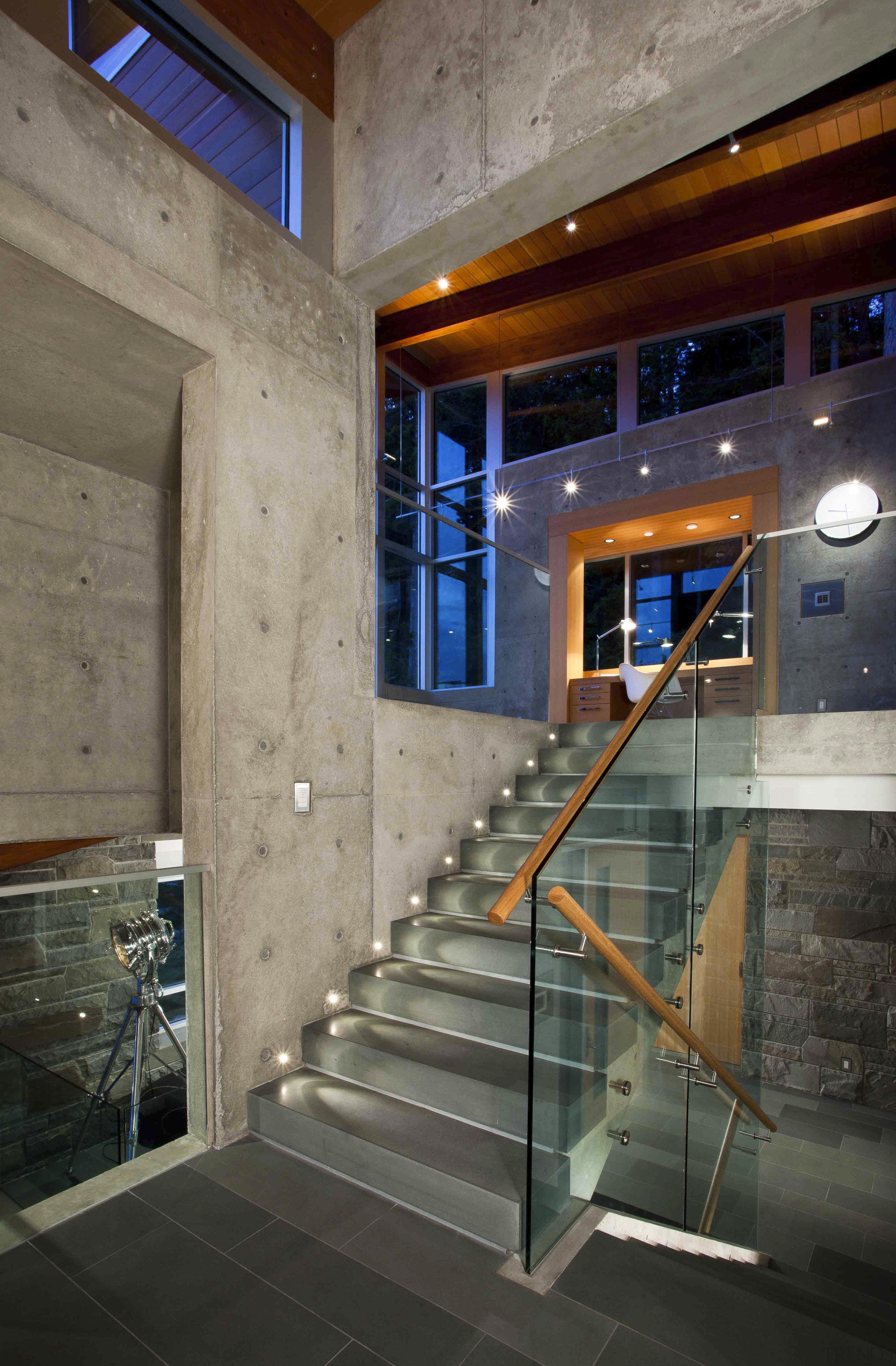 View of stairway with glass balustrade. - View architecture, daylighting, home, house, interior design, real estate, stairs, wall, gray, black