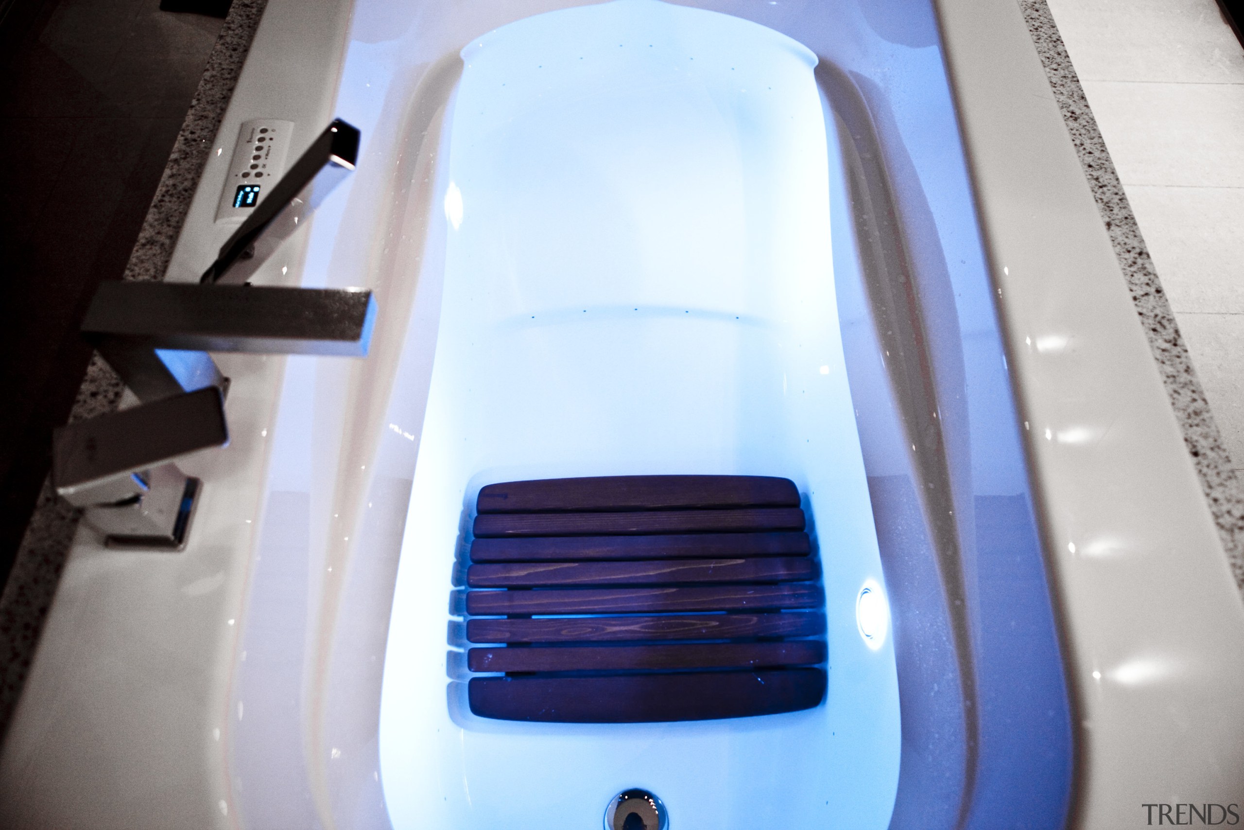 View of contemporary bathroom with dark cabinets - automotive design, automotive exterior, blue, motor vehicle, product, product design, technology, gray, white