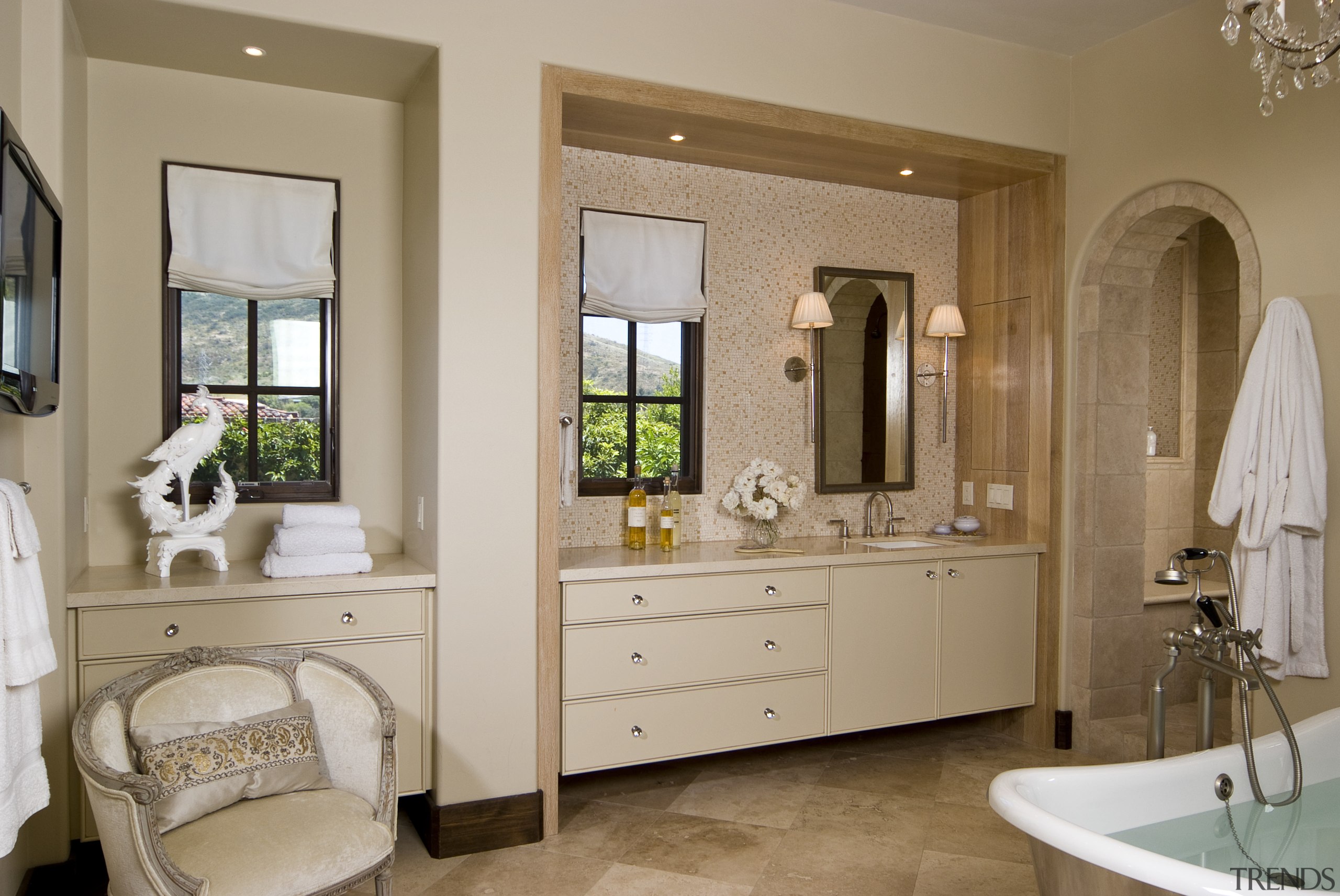 This master suite was designed by Martin Horner bathroom, bathroom accessory, bathroom cabinet, cabinetry, estate, floor, home, interior design, room, window, brown, gray