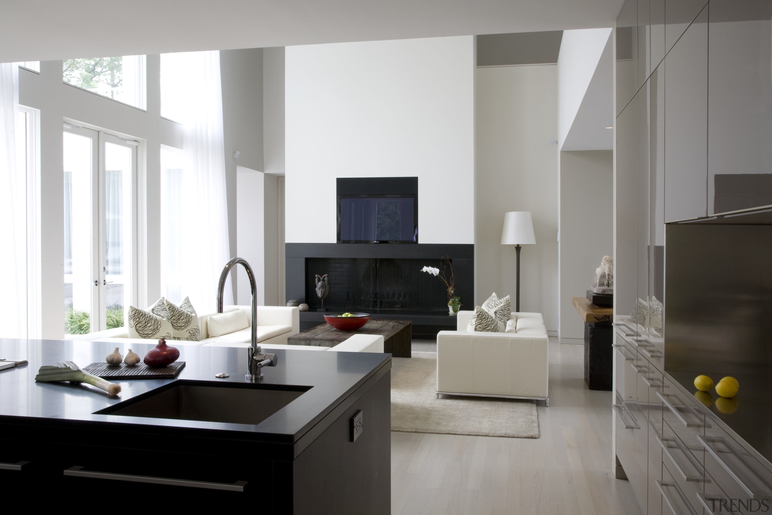 View of the lounge from the kitchen - floor, furniture, interior design, interior designer, living room, room, white, gray