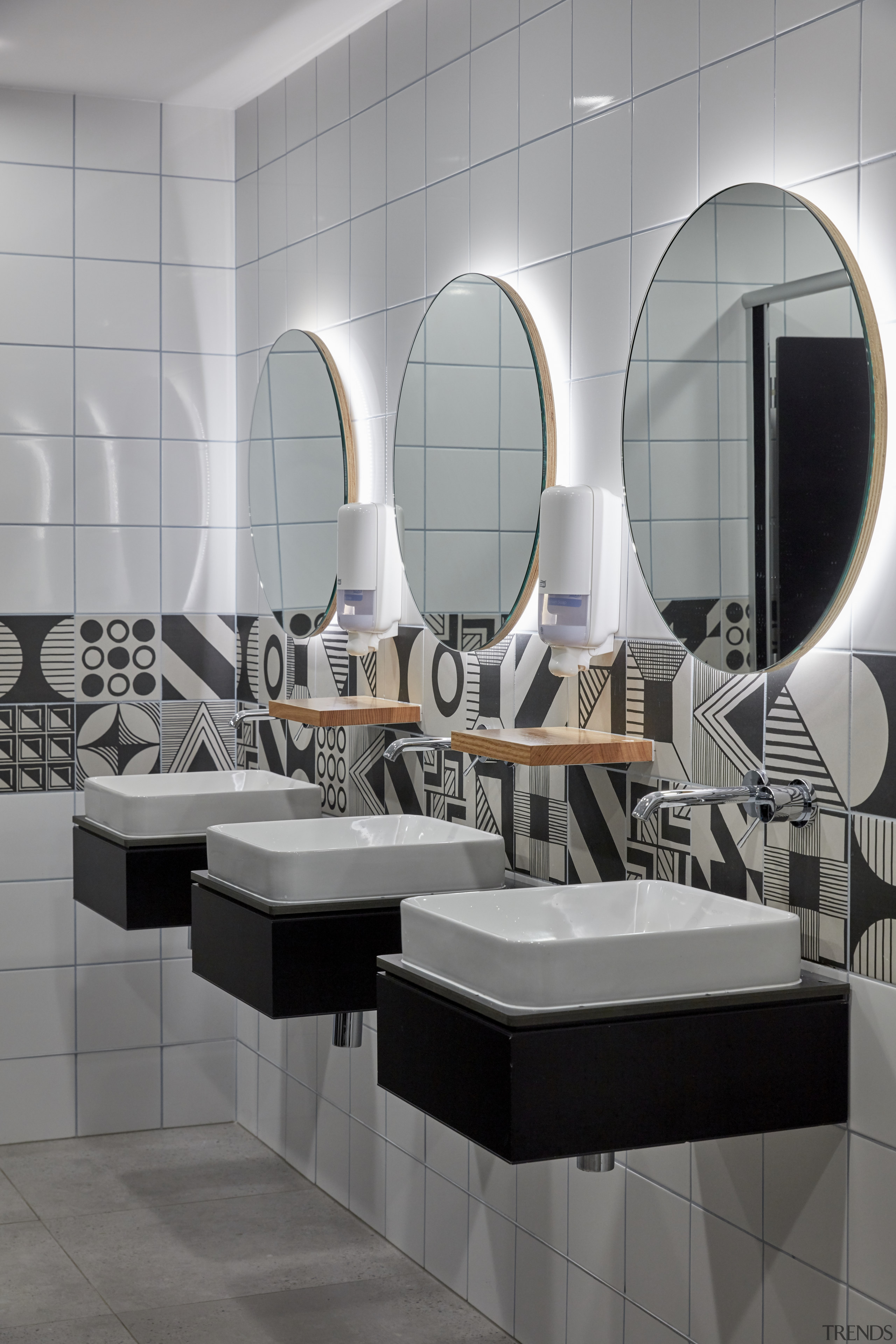 Low-flow technology features in the bathrooms of the architecture, bathroom, floor, flooring, furniture, interior design, sink, tile, wall, gray