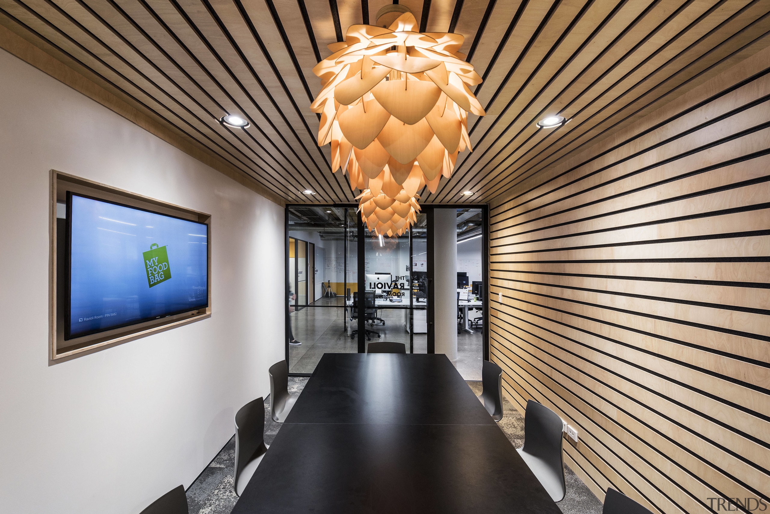 While the open workspaces encourage collaboration across the ceiling, interior design, lobby, real estate, gray