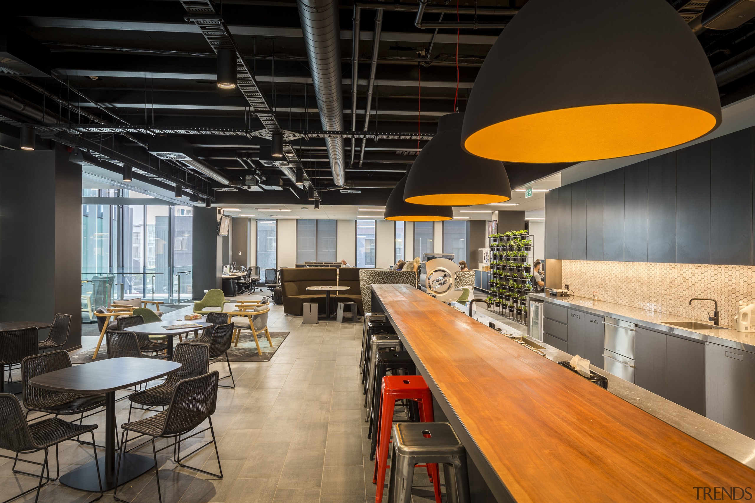 Areas of the NZME  new premises have ceiling, interior design, restaurant, table, black