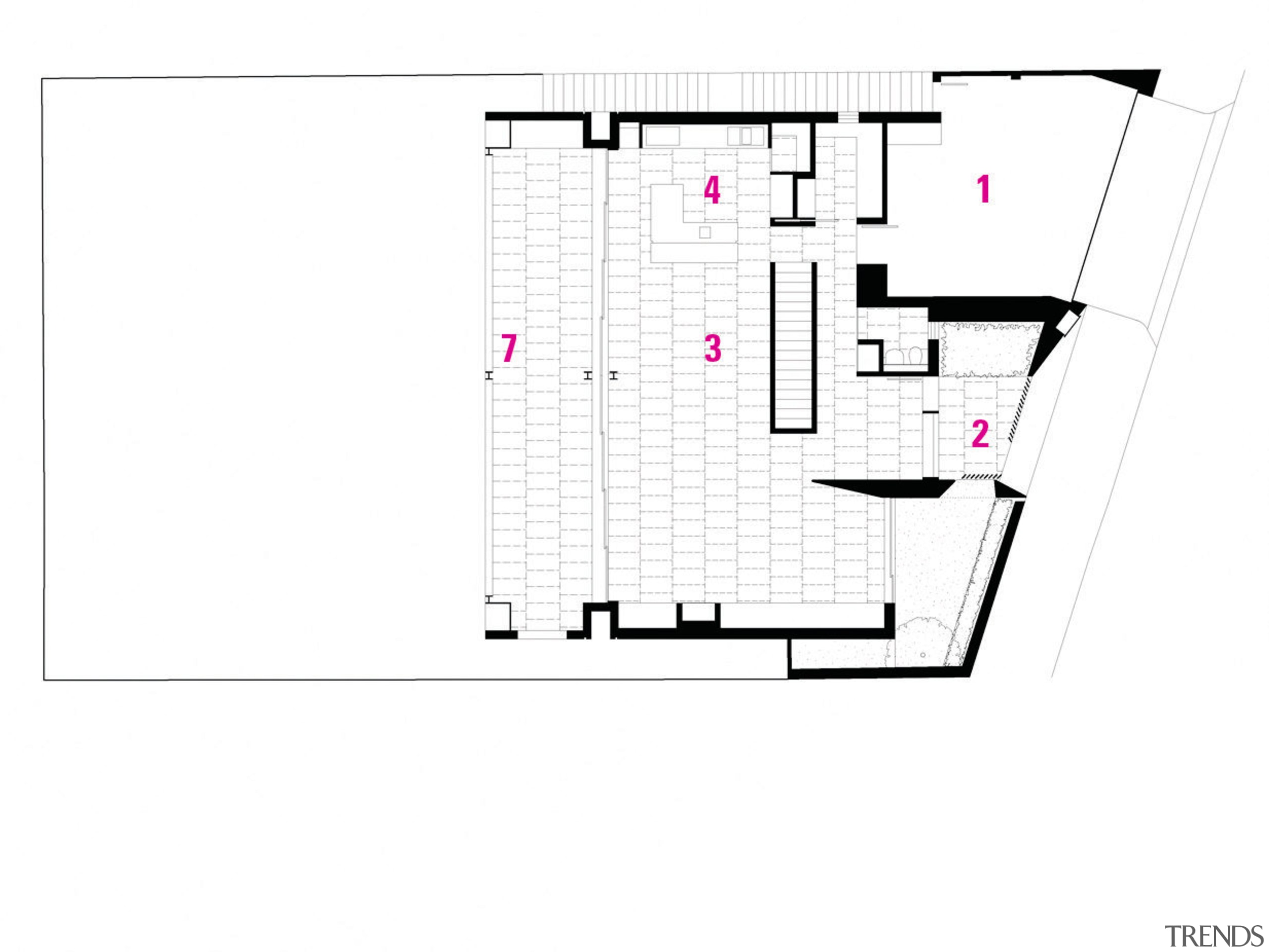 1 Garge. 2 Entry. 3 Family room. 4 area, design, diagram, floor plan, font, line, text, white
