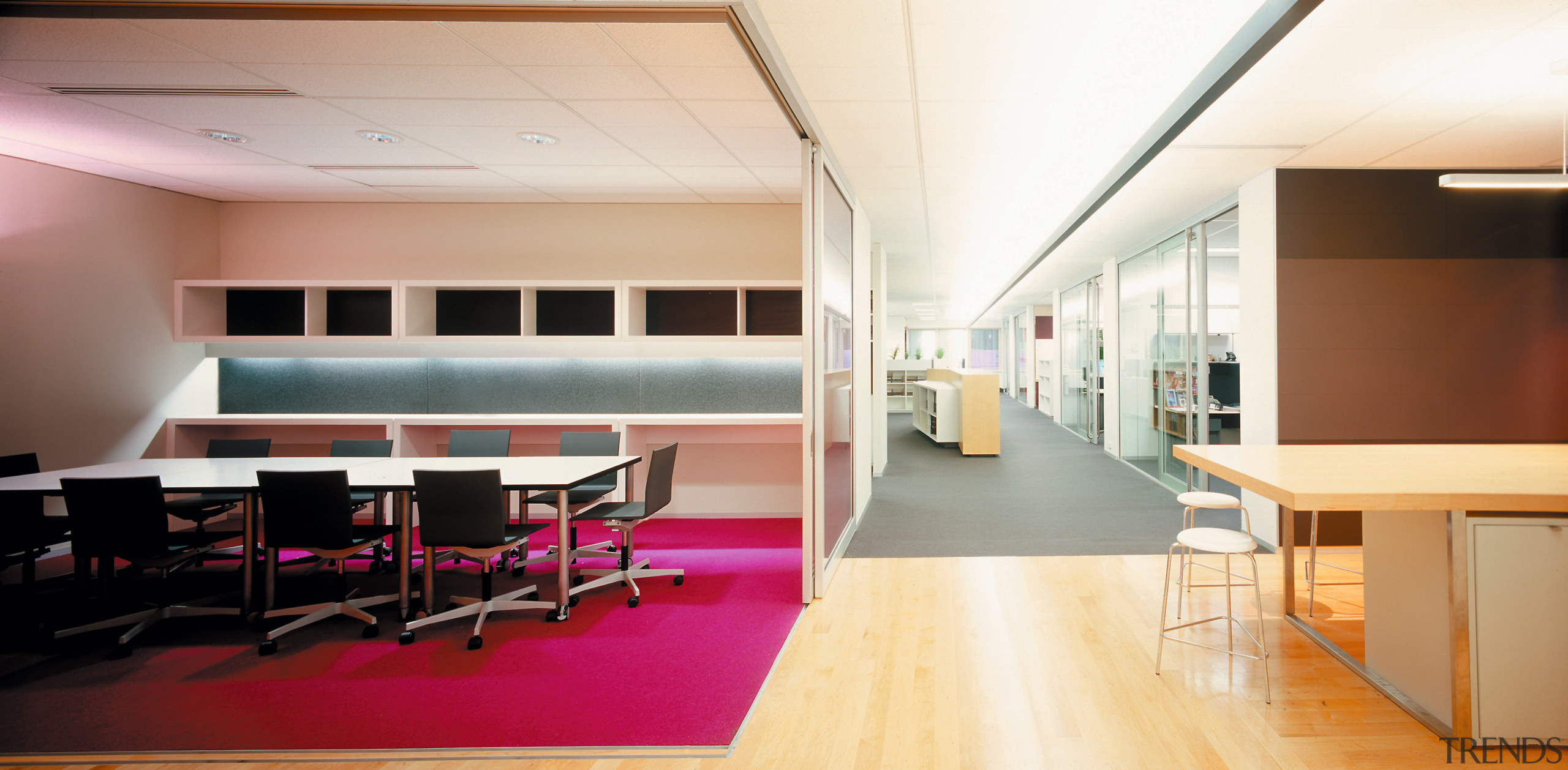 A view of one of the meeting rooms, ceiling, furniture, institution, interior design, office, table, white