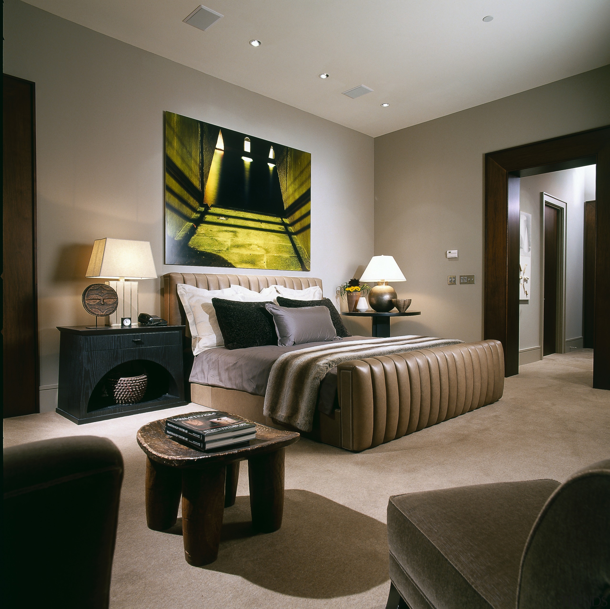 A view of the master bedroom with various bed frame, bedroom, ceiling, furniture, home, interior design, living room, room, suite, wall, black, gray