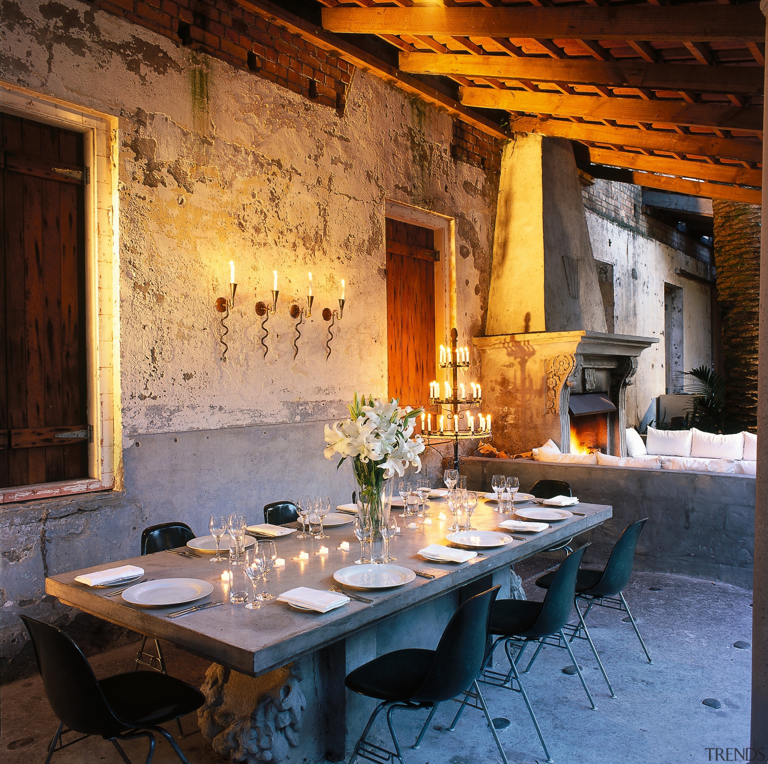 View of the outdoor dining, concrete table with home, interior design, table, window, brown