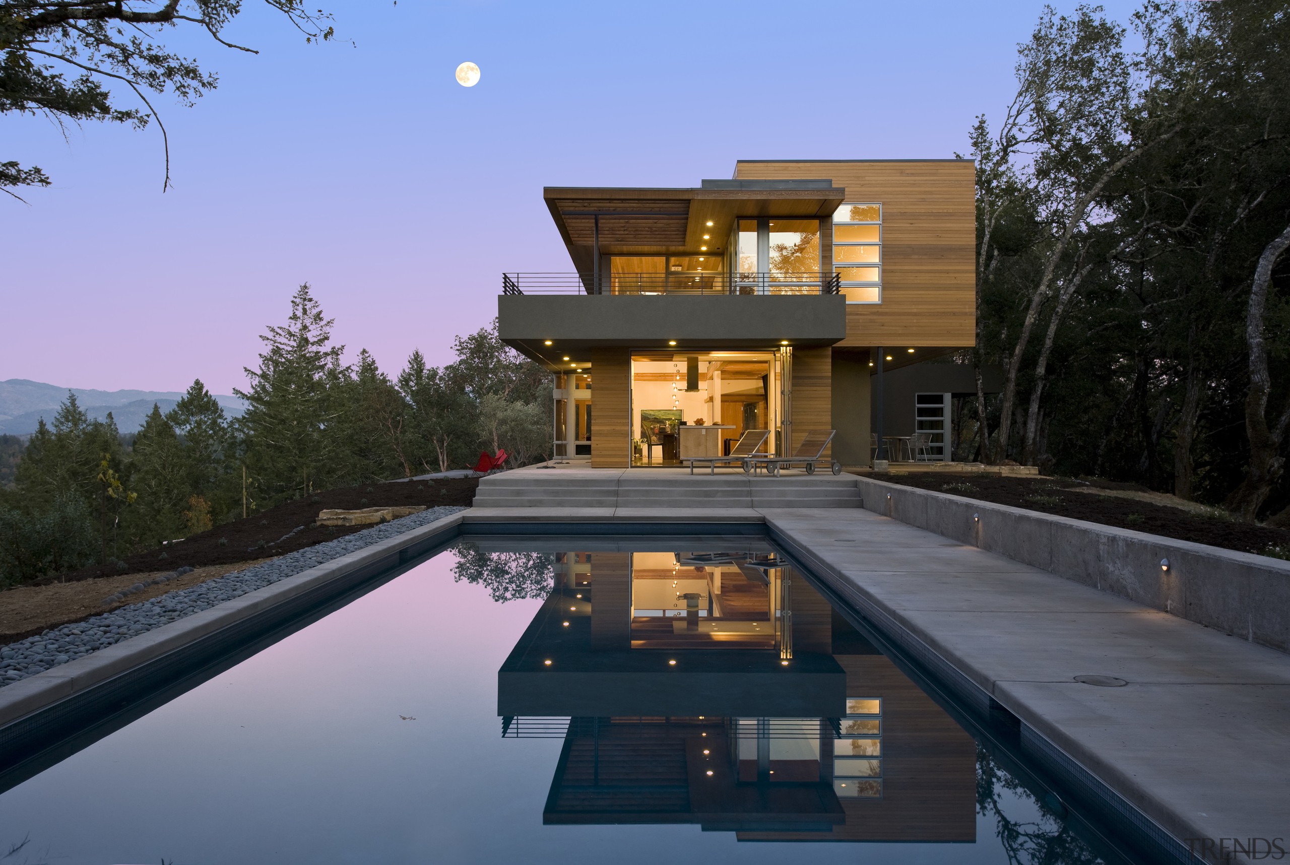 Designed by Robert Swatt, FAIA, Swatt | Miers architecture, building, estate, home, house, property, real estate, reflection, residential area, sky, swimming pool, villa, water, black
