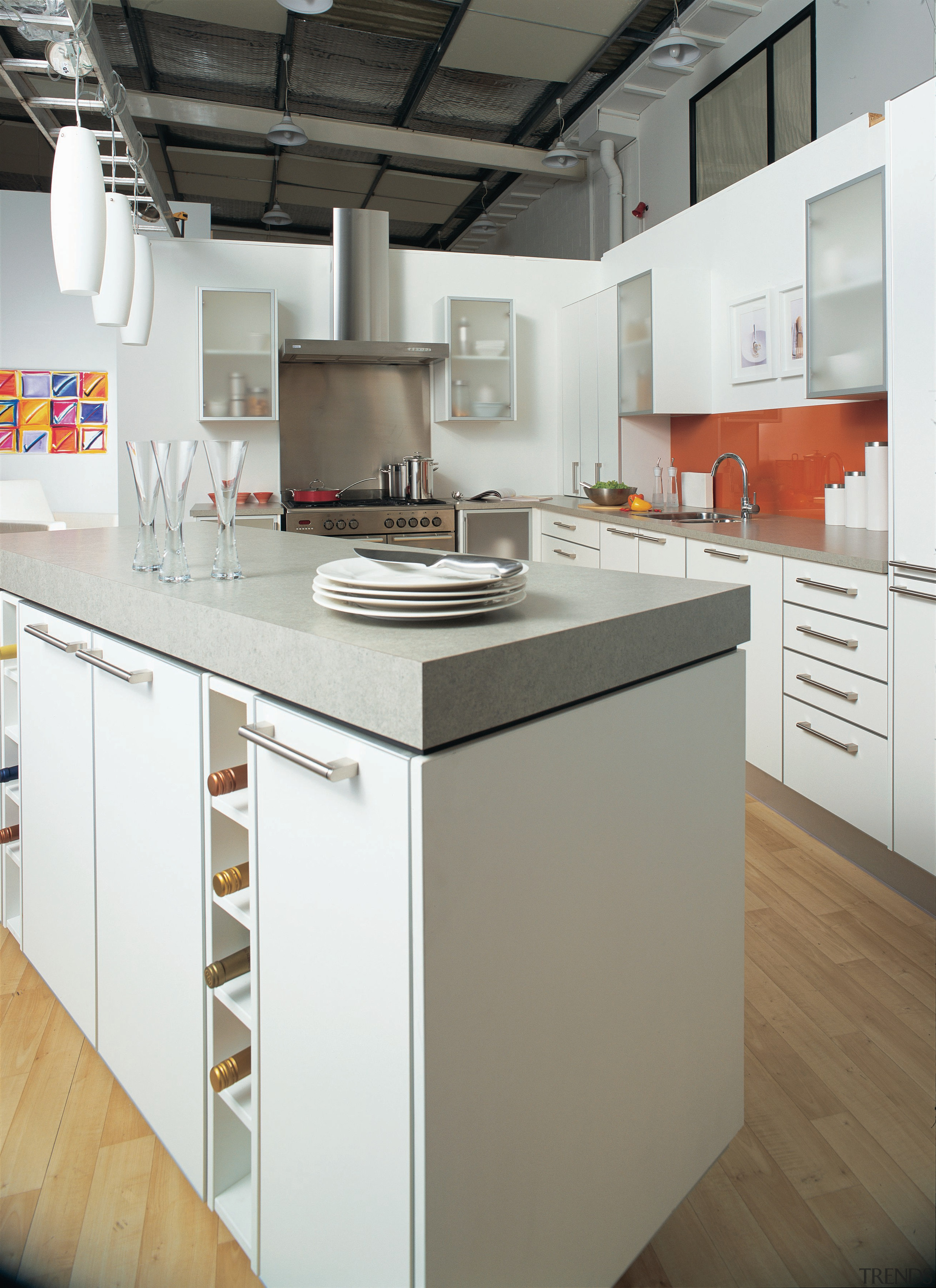 Showroom kitchen with white cabinetry, grey benchtop, wine cabinetry, countertop, cuisine classique, home appliance, interior design, kitchen, white, green