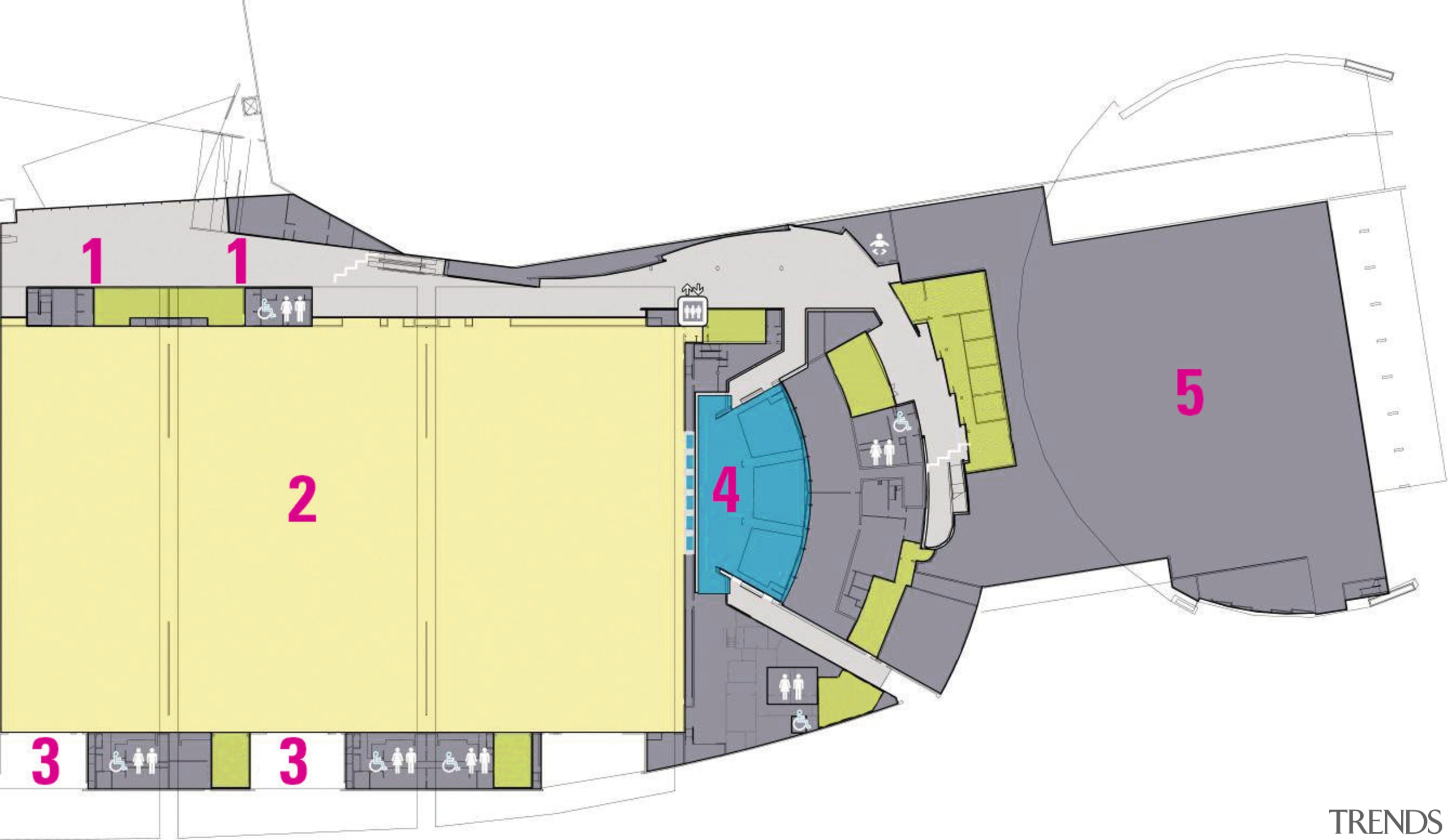 Floor plan of convention centre including foyer, exhibition angle, architecture, area, design, elevation, floor plan, house, line, plan, product design, white