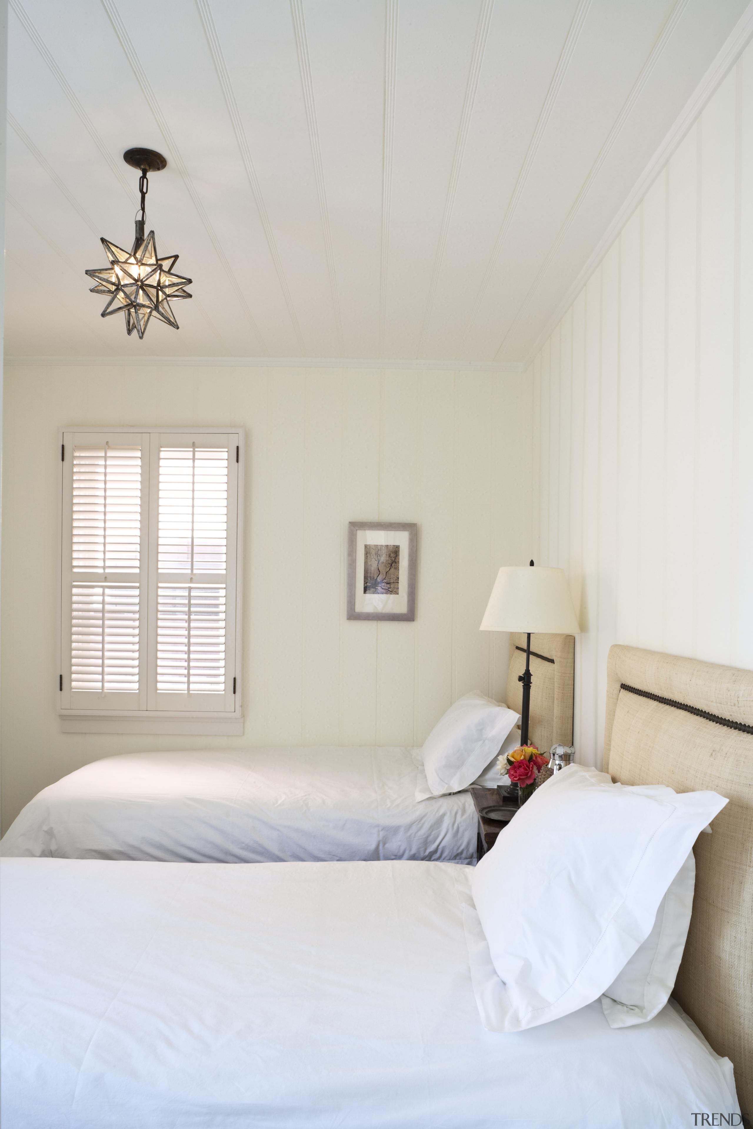 traditional bedroom with two beds and unique light bed, bed frame, bedroom, ceiling, daylighting, home, house, interior design, real estate, room, wall, window, wood, white