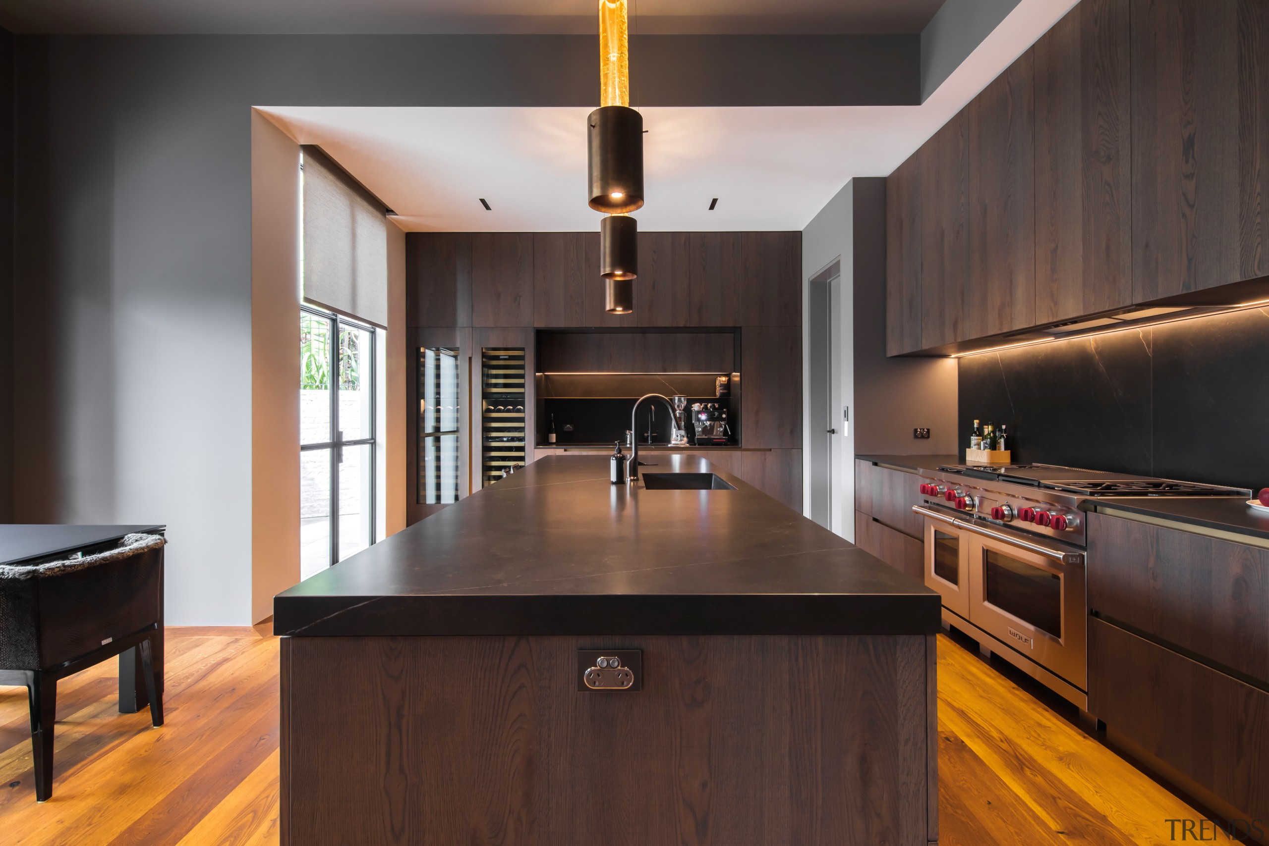 The kitchen lives up to the wider moody, 