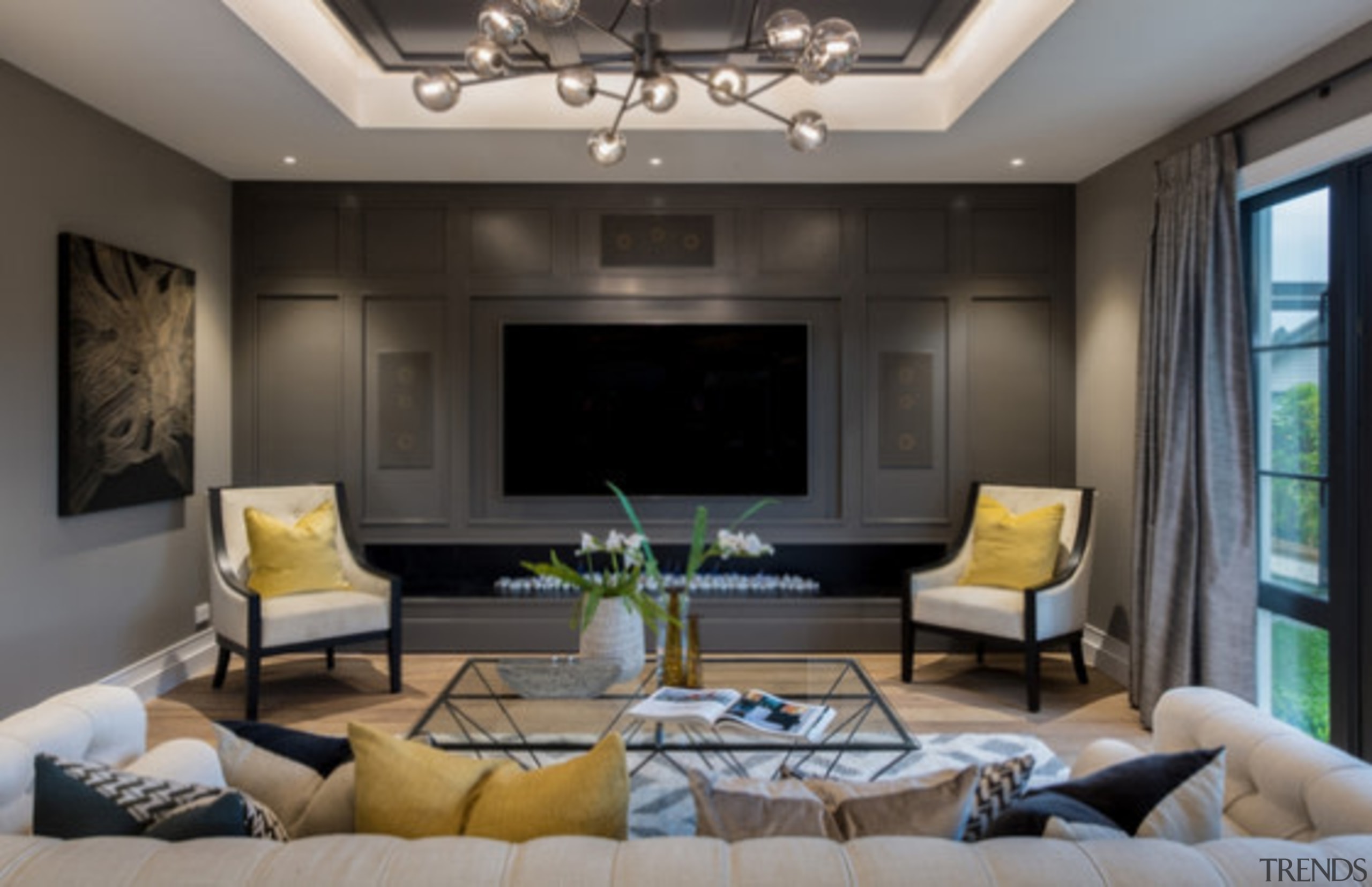 New Albany Show Home - New Albany Show ceiling, home, interior design, living room, room, wall, gray, black