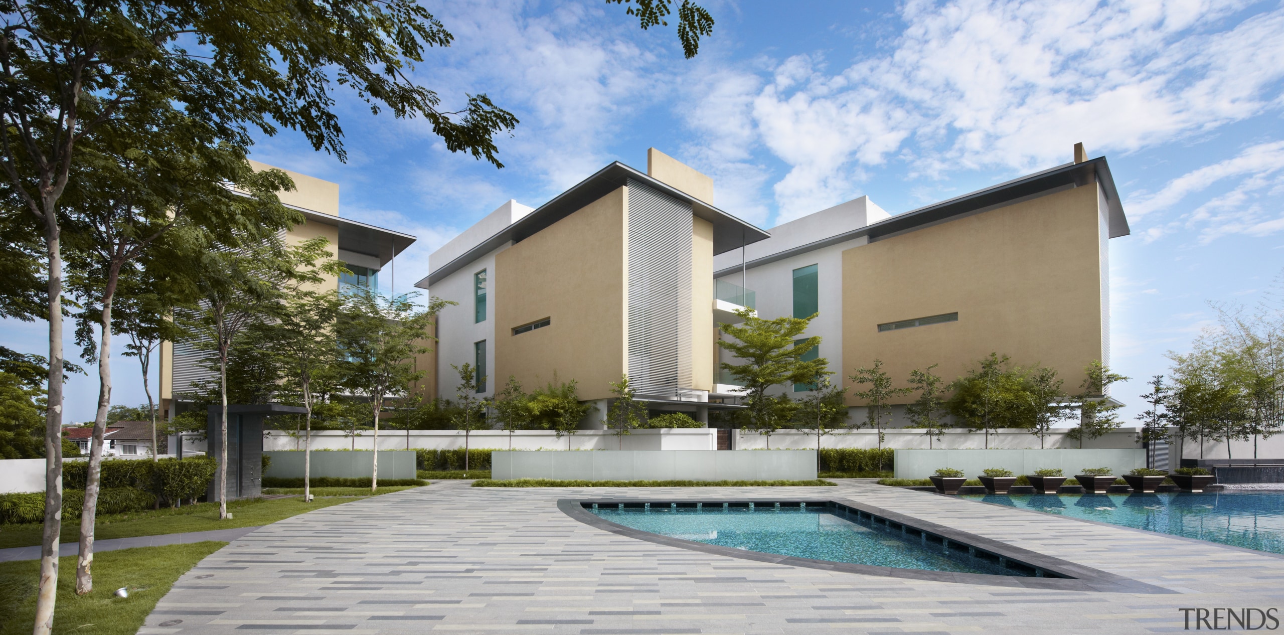 Exterior view of the Springtide Residence on Penang apartment, architecture, building, condominium, estate, facade, home, house, mansion, property, real estate, residential area, resort, swimming pool, villa, brown, gray