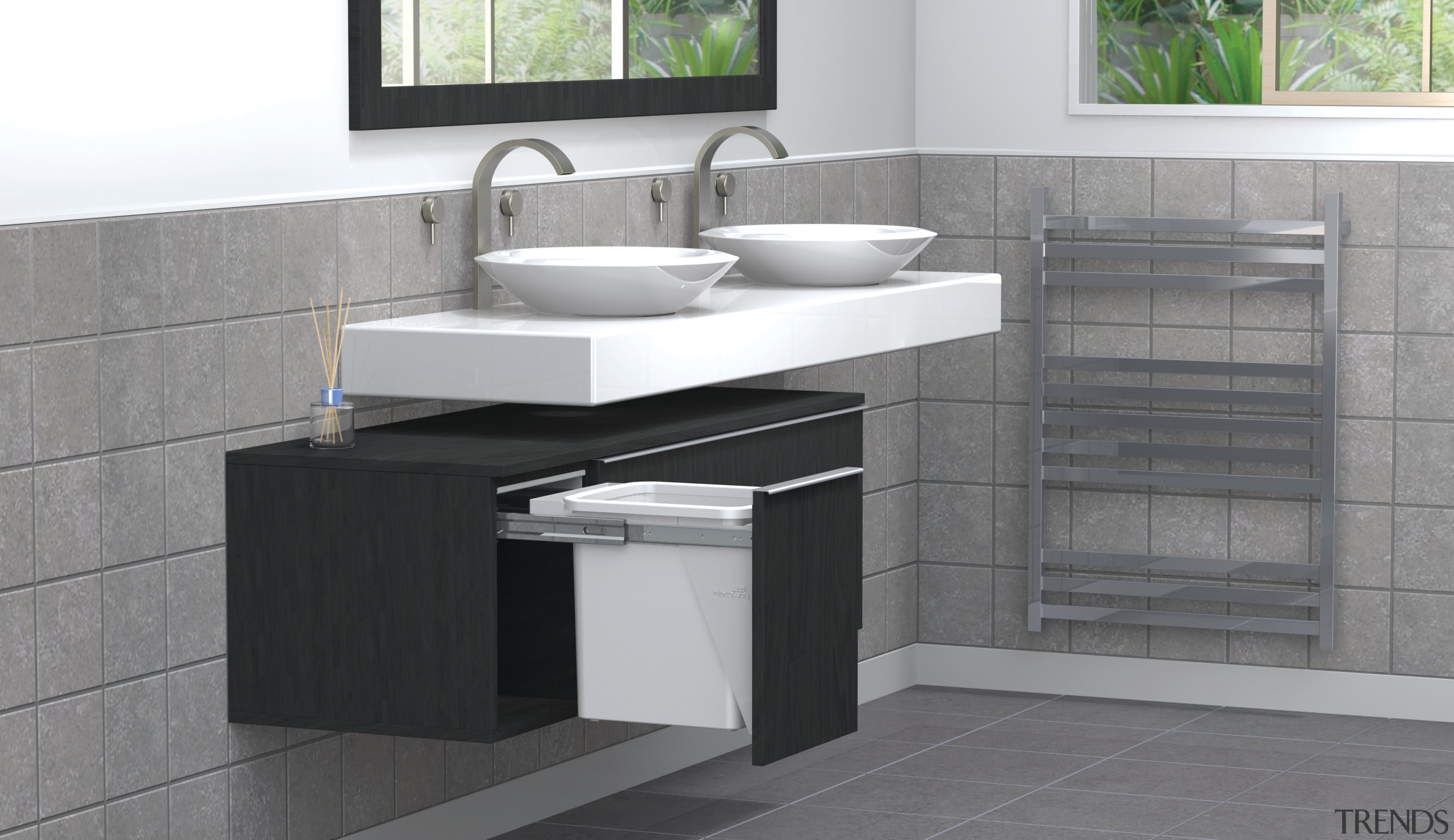 Clean-up in the bathroom  the Hideaway Compact angle, bathroom, bathroom accessory, bathroom cabinet, bathroom sink, ceramic, countertop, floor, furniture, plumbing fixture, product, product design, sink, tap, tile, gray