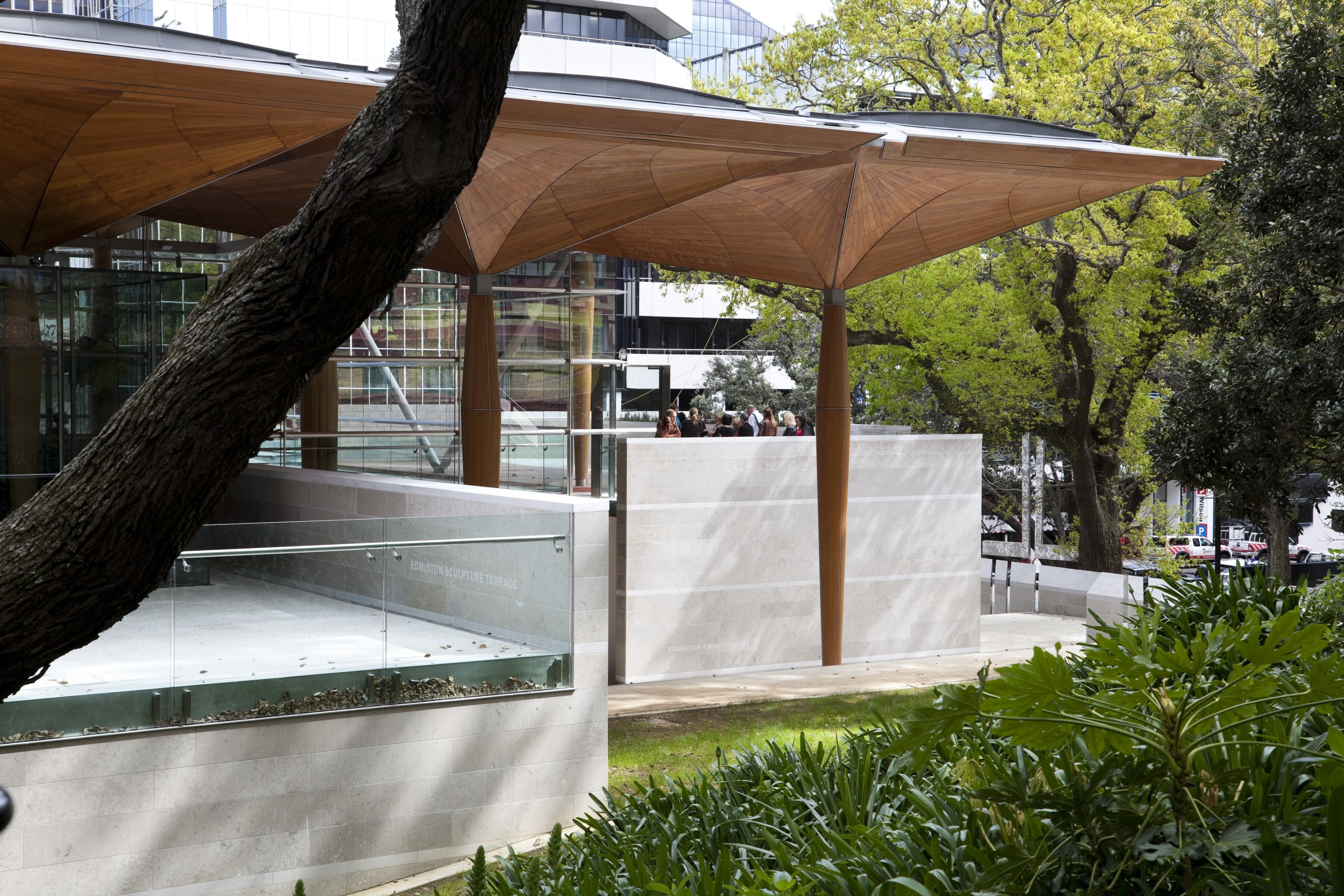 Here is a view of the Auckland Art architecture, canopy, outdoor structure, pavilion, shade, brown