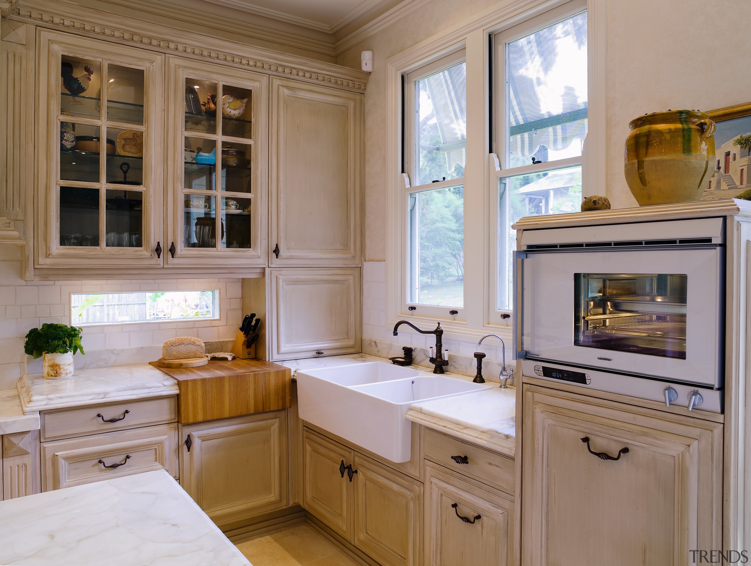 A view of the kitchen and dining areas, cabinetry, countertop, cuisine classique, home, home appliance, interior design, kitchen, room, window, brown, gray