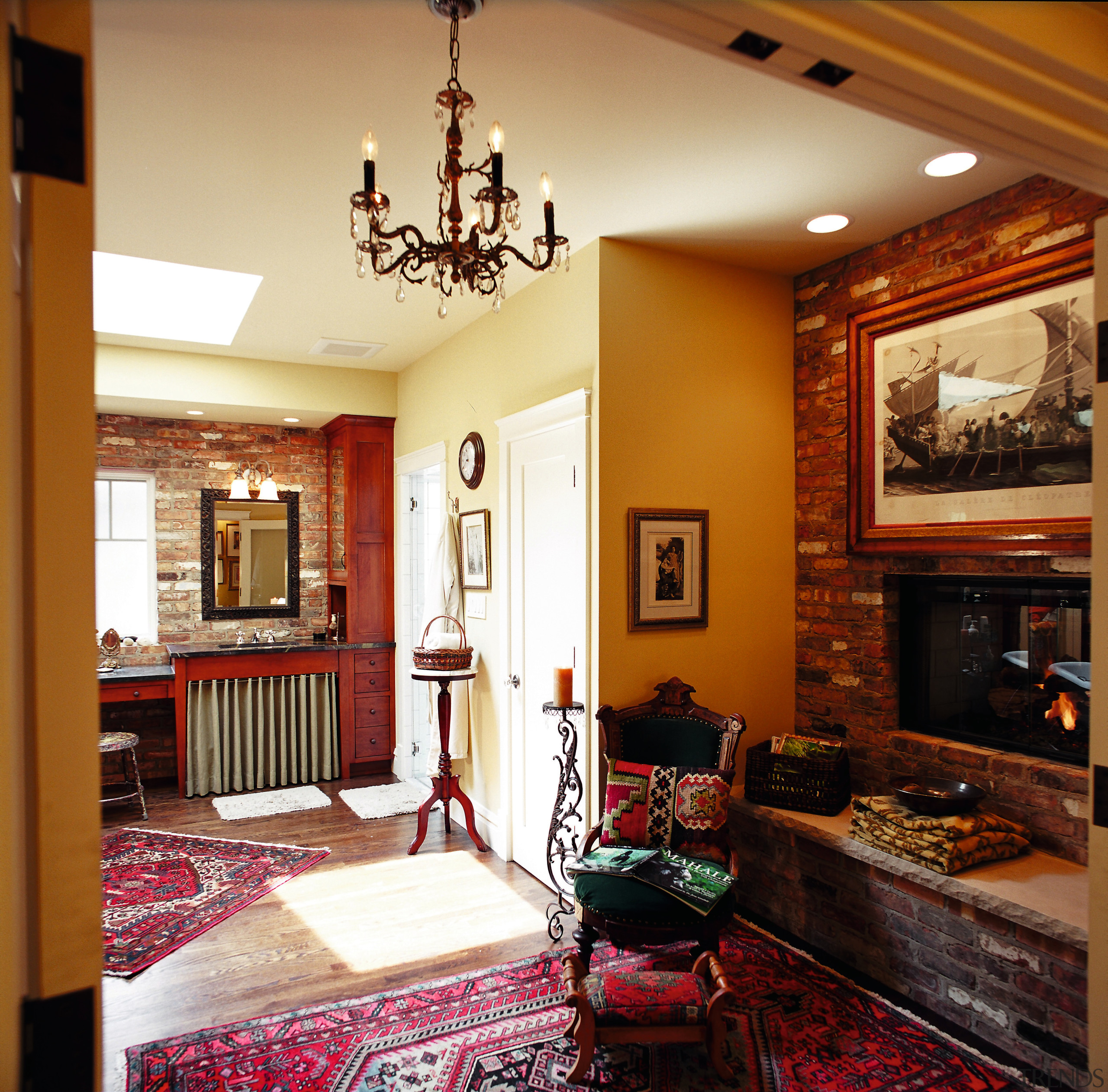 A view of the master bedroom and ensuite. ceiling, estate, home, interior design, living room, real estate, room, wall, window, wood, brown