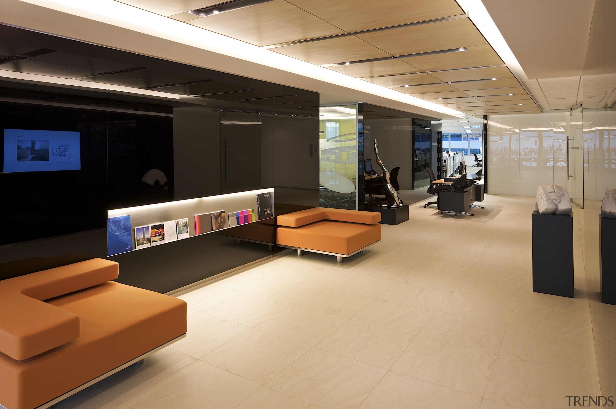 View of the reception area at the Benoy ceiling, floor, flooring, interior design, lobby, office, product design, orange, black