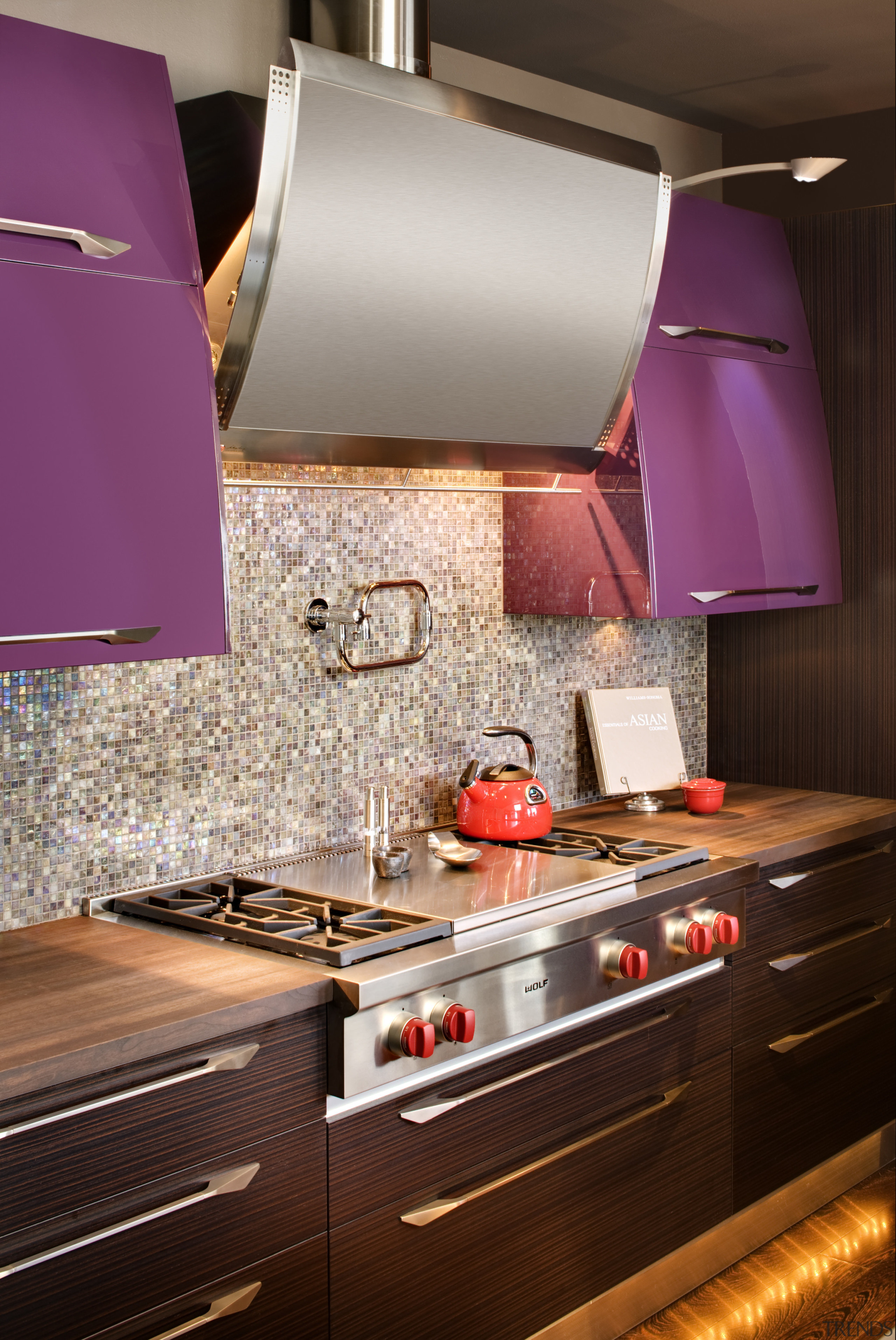 View of kitchen with hood by Zephyr Ventilation, countertop, interior design, kitchen, room, red