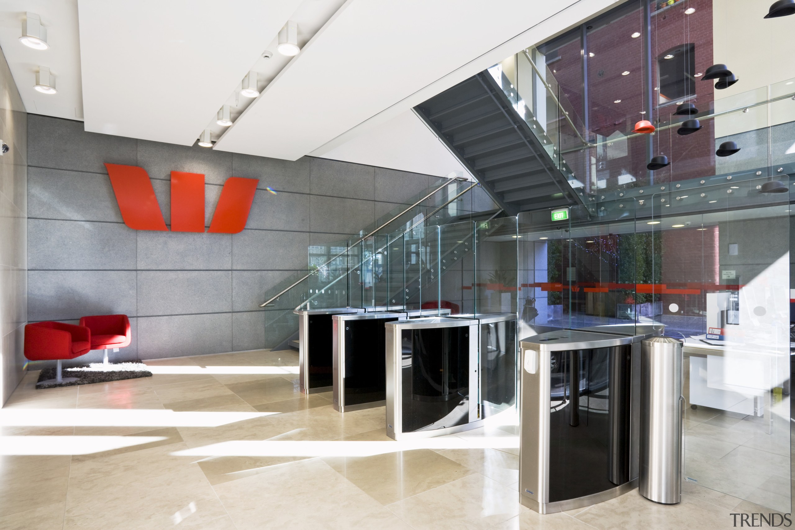 Interior view of office space inside the Westpac floor, interior design, lobby, product design, white, gray