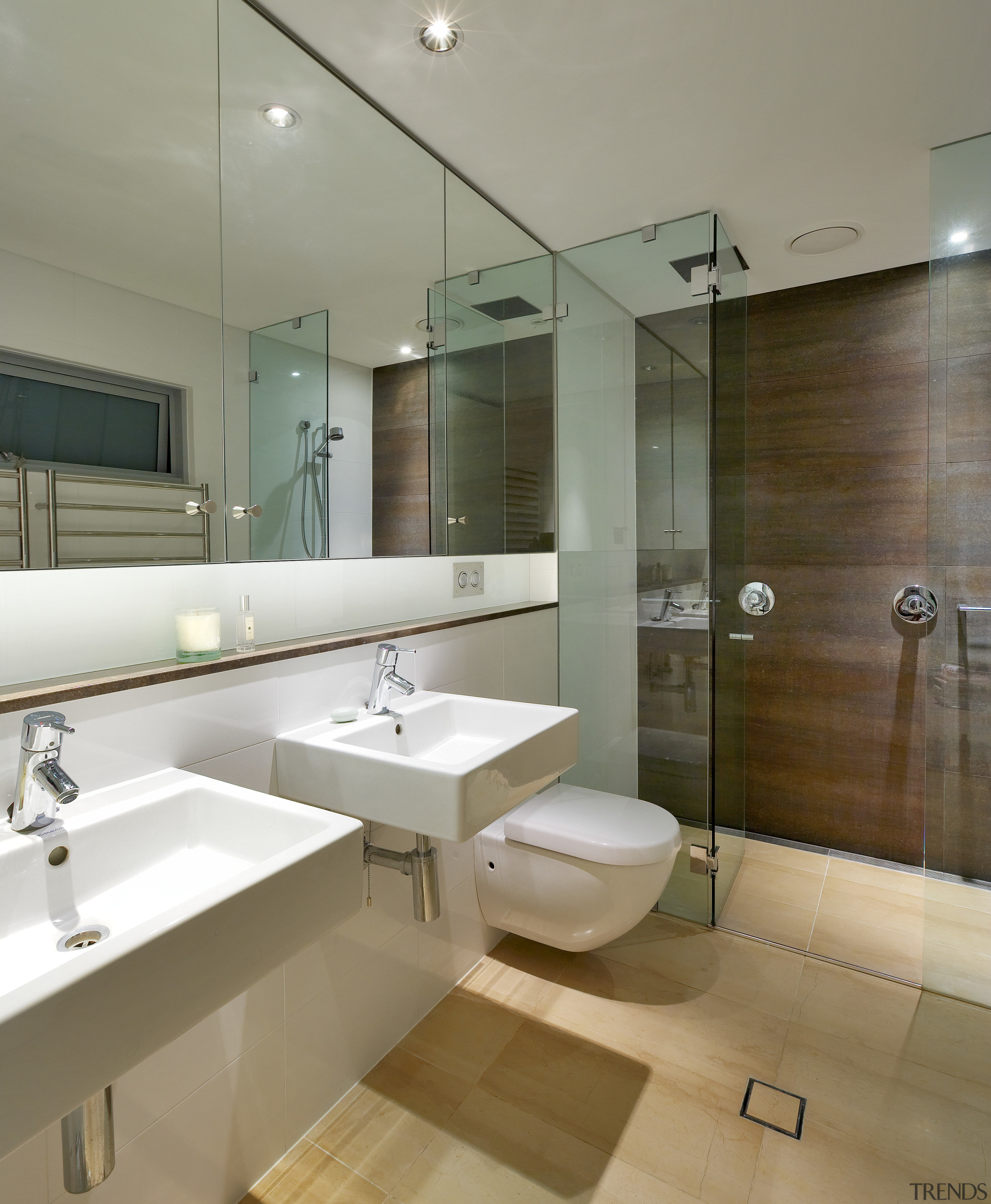 A glazed, three-storey atrium fills this home with architecture, bathroom, floor, interior design, product design, room, sink, gray, brown