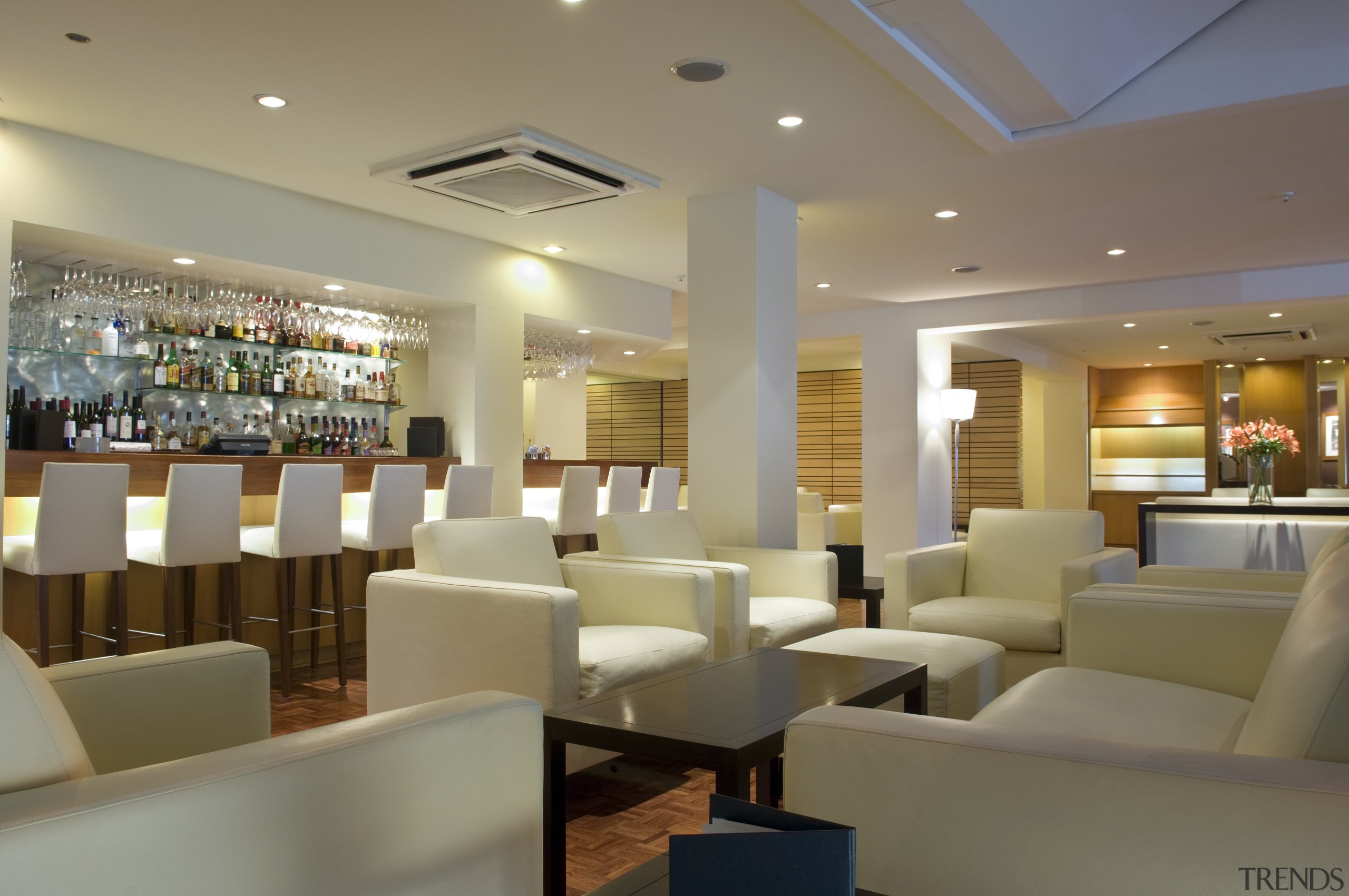 A view of the revamped hotel lounge bar café, ceiling, function hall, interior design, lobby, restaurant, brown, gray