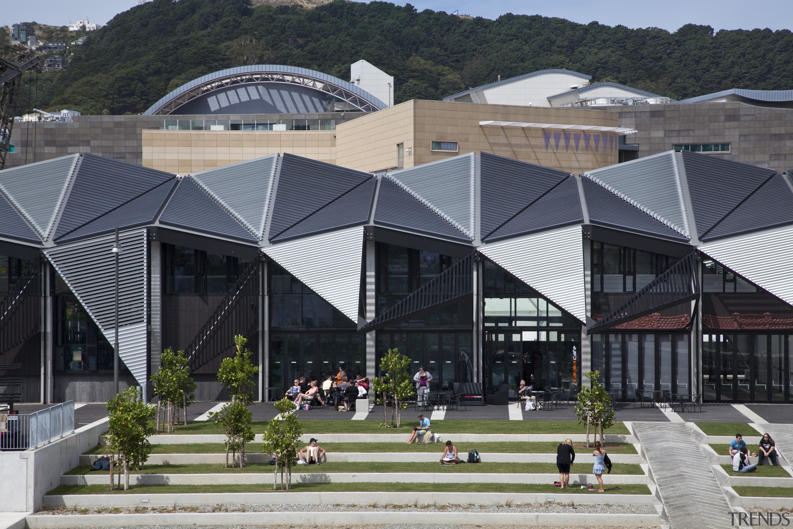 View of the Wharewaka building and event centre architecture, building, city, corporate headquarters, mixed use, structure, gray, black