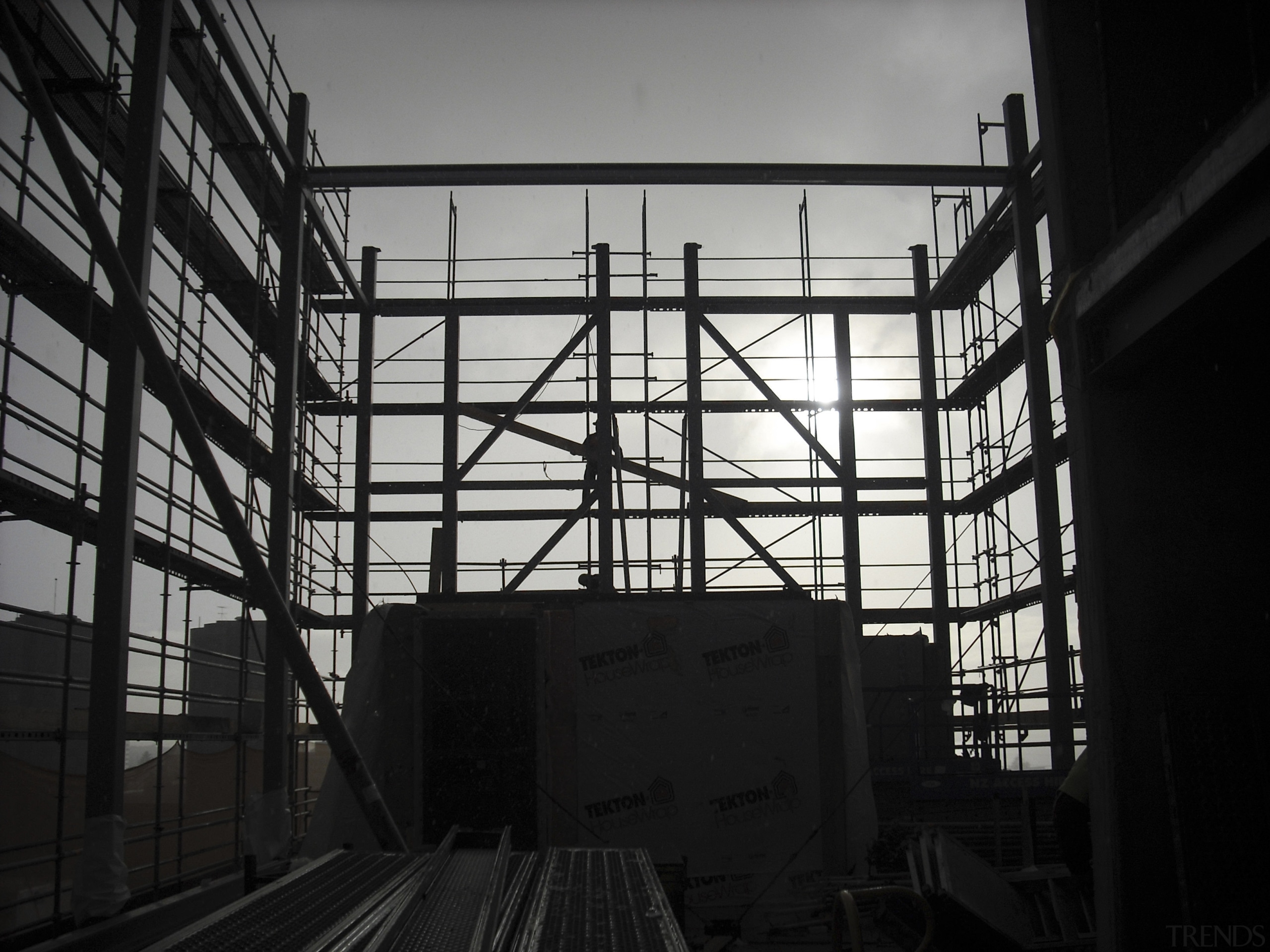 View of interior structure by George Grant Engineering. architecture, black and white, building, daylighting, industry, iron, metal, monochrome, monochrome photography, structure, black, gray