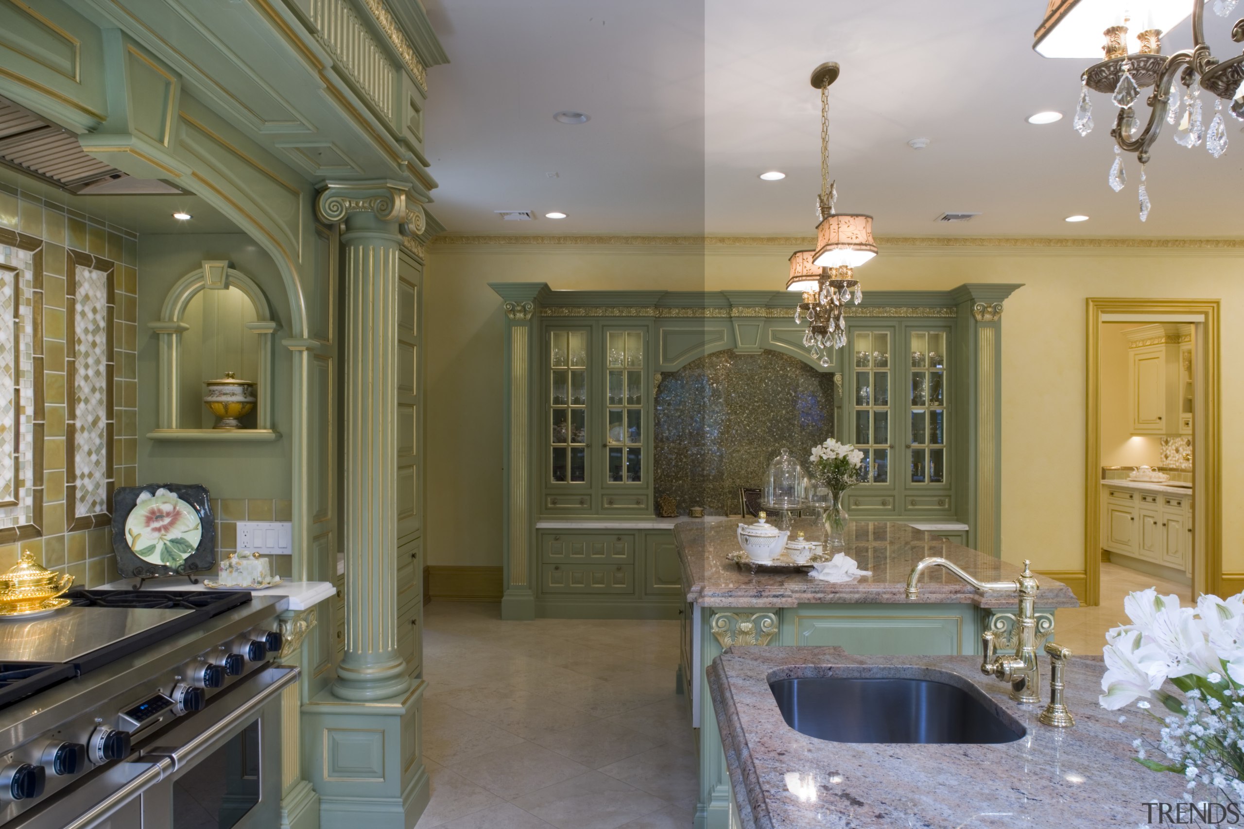 This English-made clive christian Regency-style kitchen provides a bathroom, ceiling, countertop, estate, home, interior design, kitchen, real estate, room, brown, gray