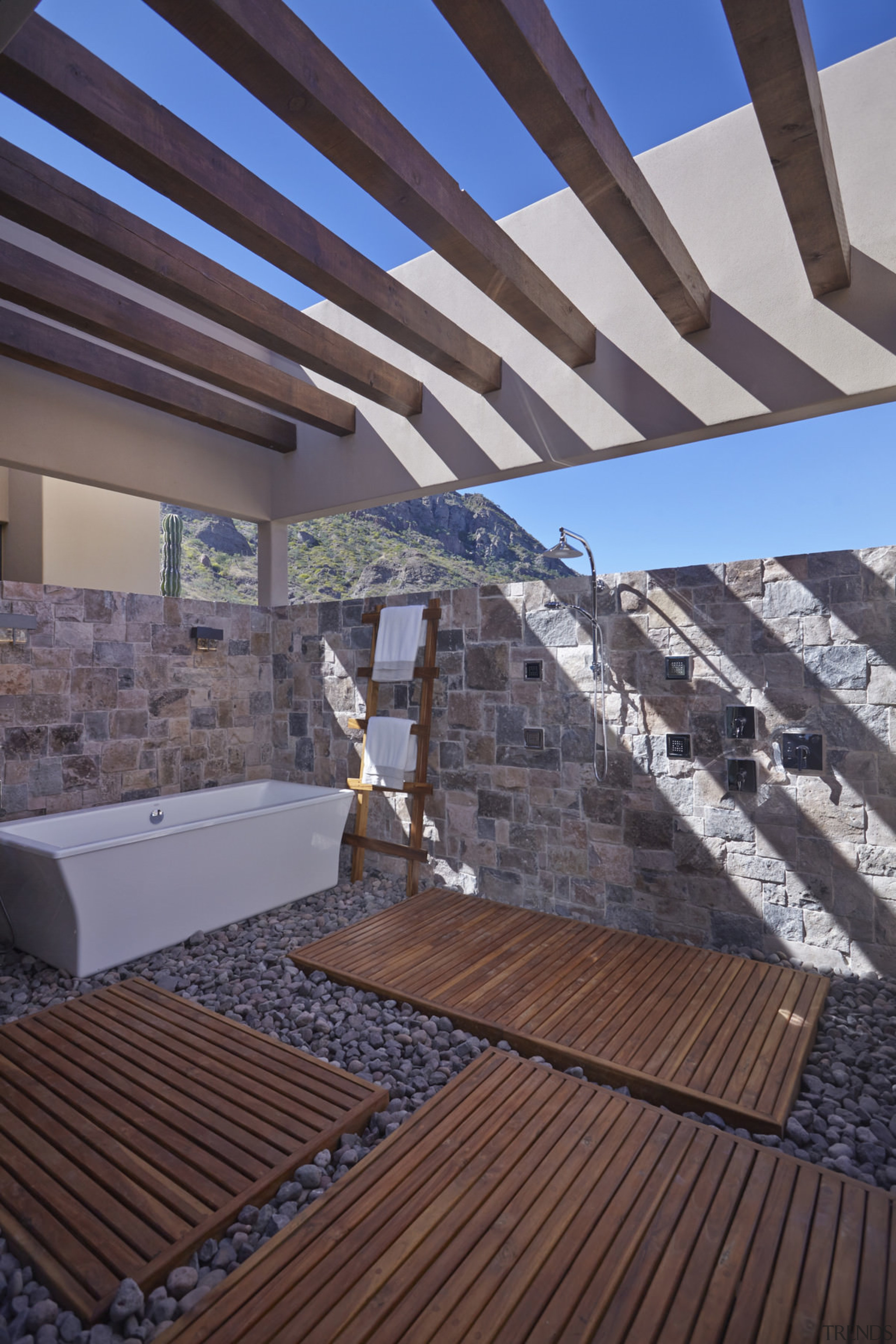 Certainly unique, this outdoor bathroom is neat addition apartment, architecture, daylighting, outdoor structure, property, real estate, roof, wood, gray, black