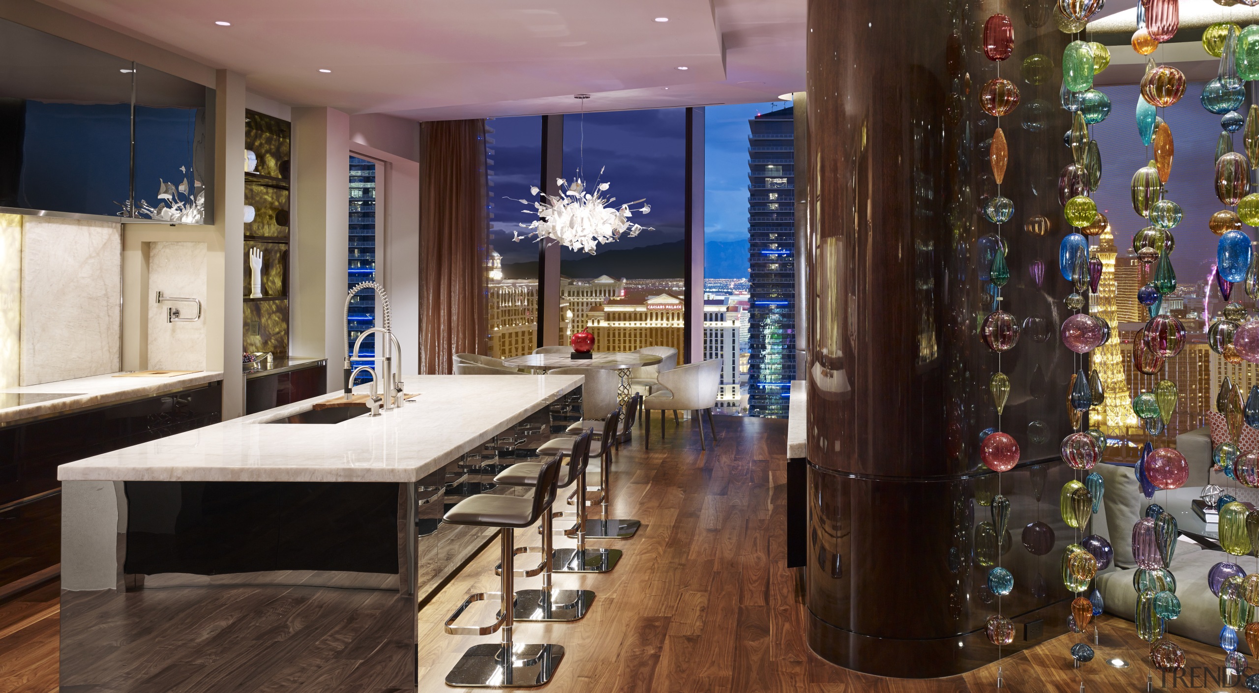 Overlooking the strip in Las Vegas, the kitchen home, interior design, lobby, room, black