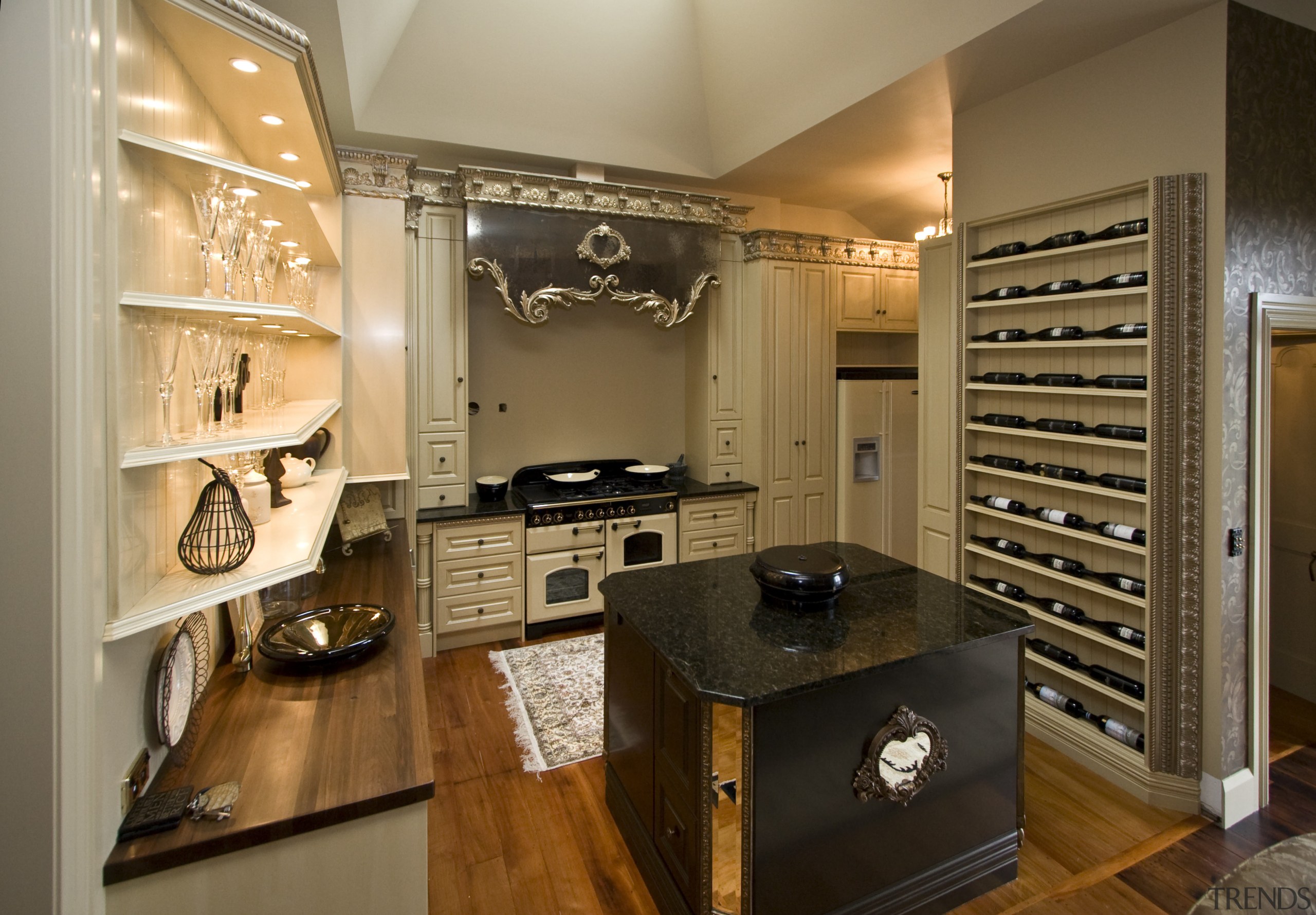 View of Victorian-styled kitchen with square kitchen island, cabinetry, countertop, cuisine classique, interior design, kitchen, room, brown, orange
