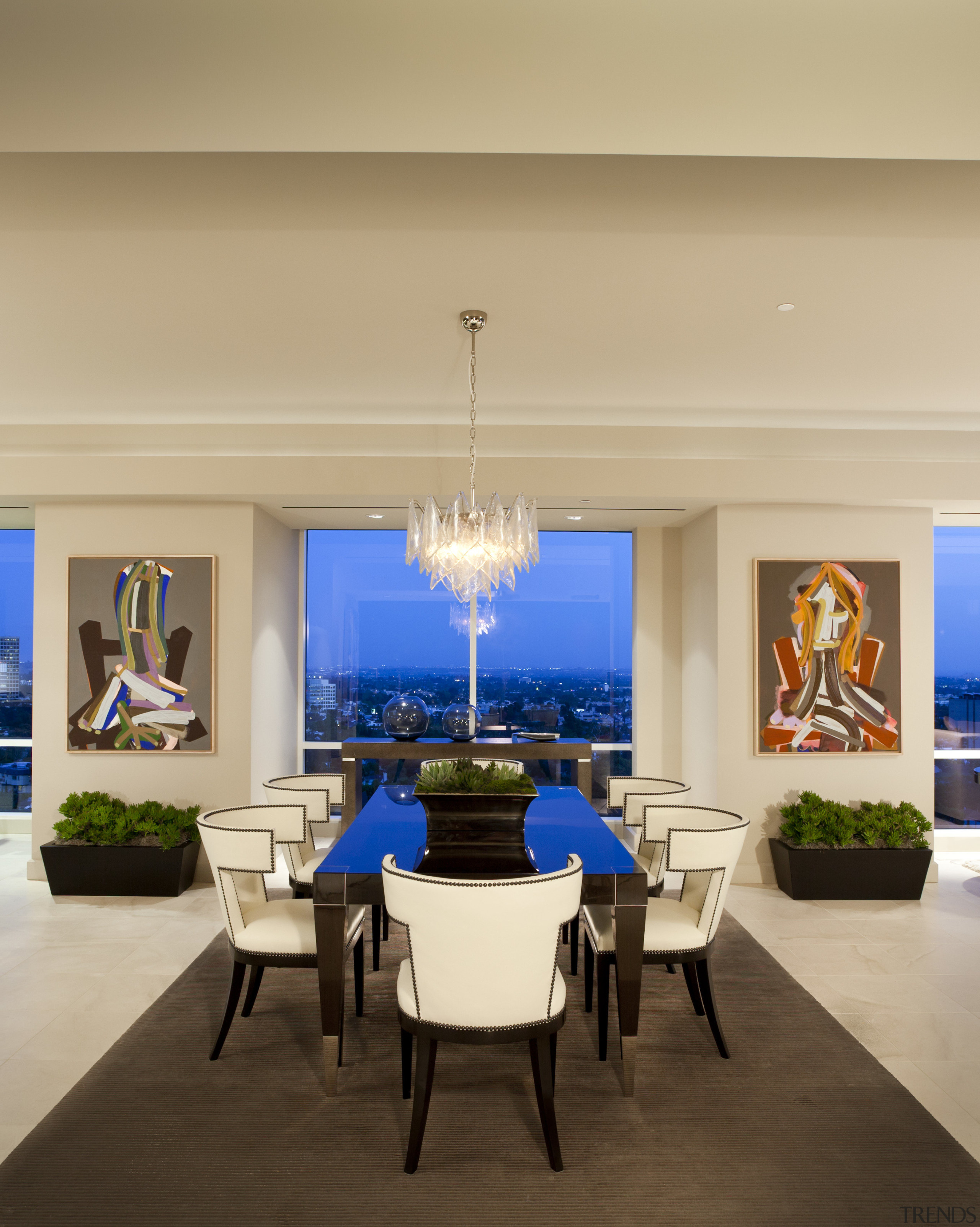 Interior view of contemporary home. - Interior view ceiling, dining room, estate, furniture, home, interior design, living room, real estate, room, table, orange, brown