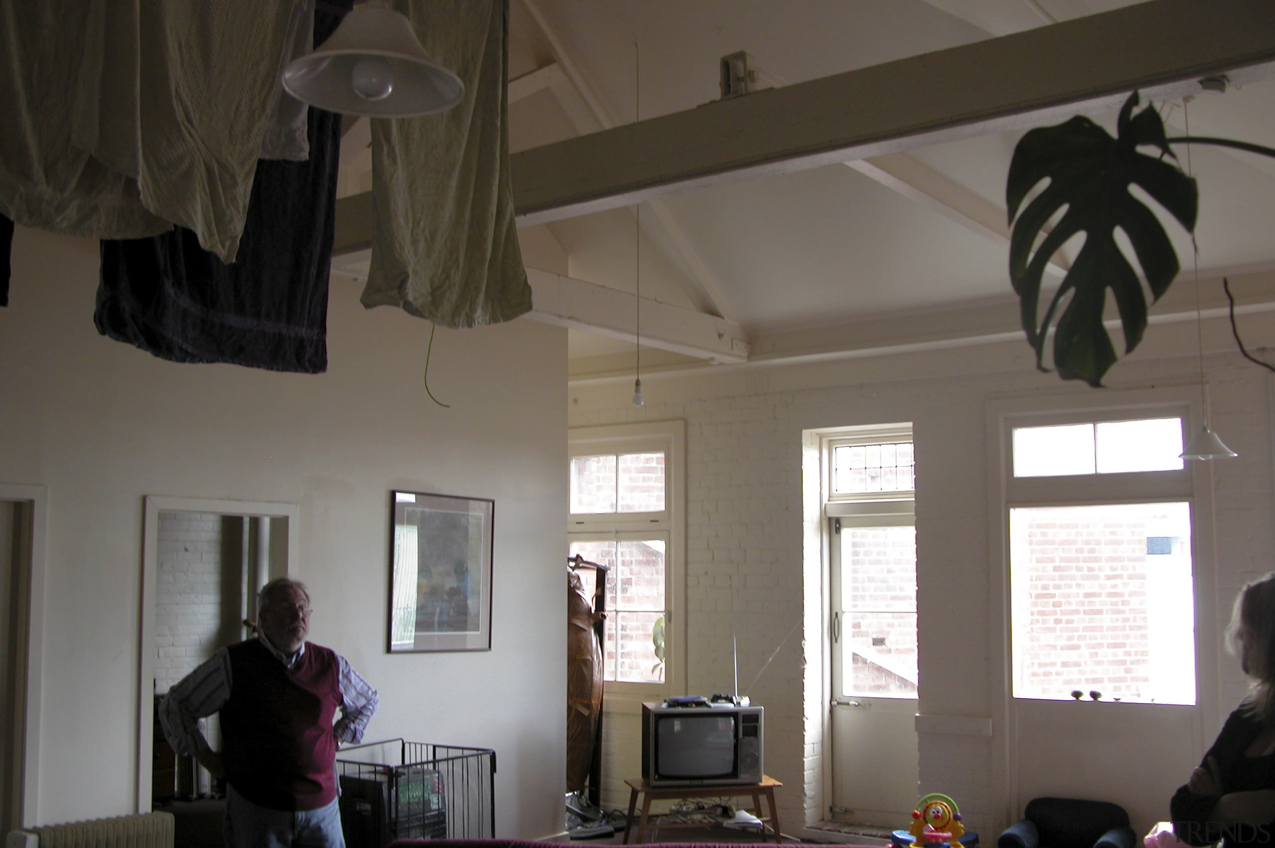 View of the loft before renovation. - View ceiling, daylighting, home, house, interior design, light fixture, room, window, gray, black