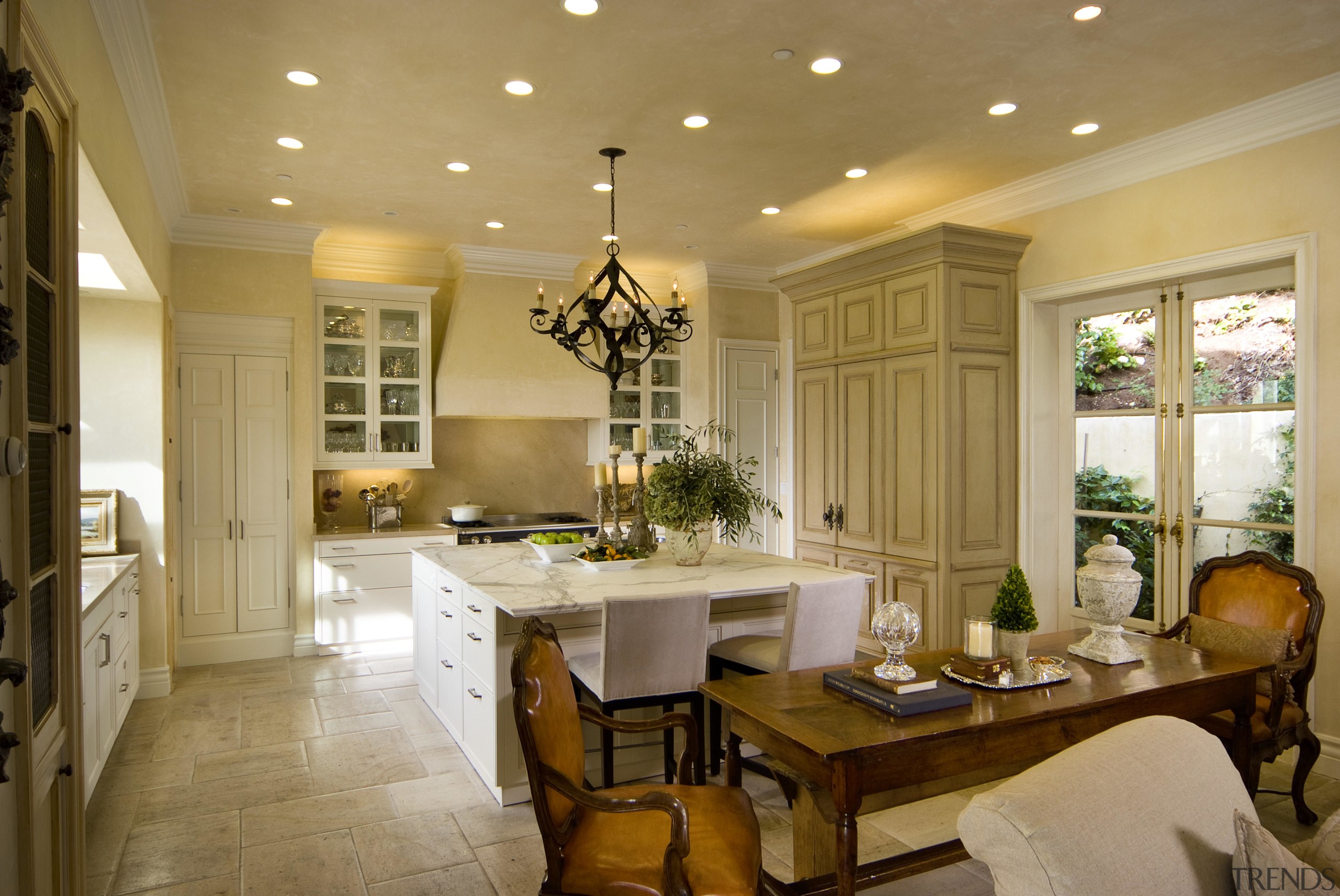 View of open plan kitchen and dining area ceiling, countertop, cuisine classique, dining room, estate, home, interior design, kitchen, living room, real estate, room, window, brown, orange