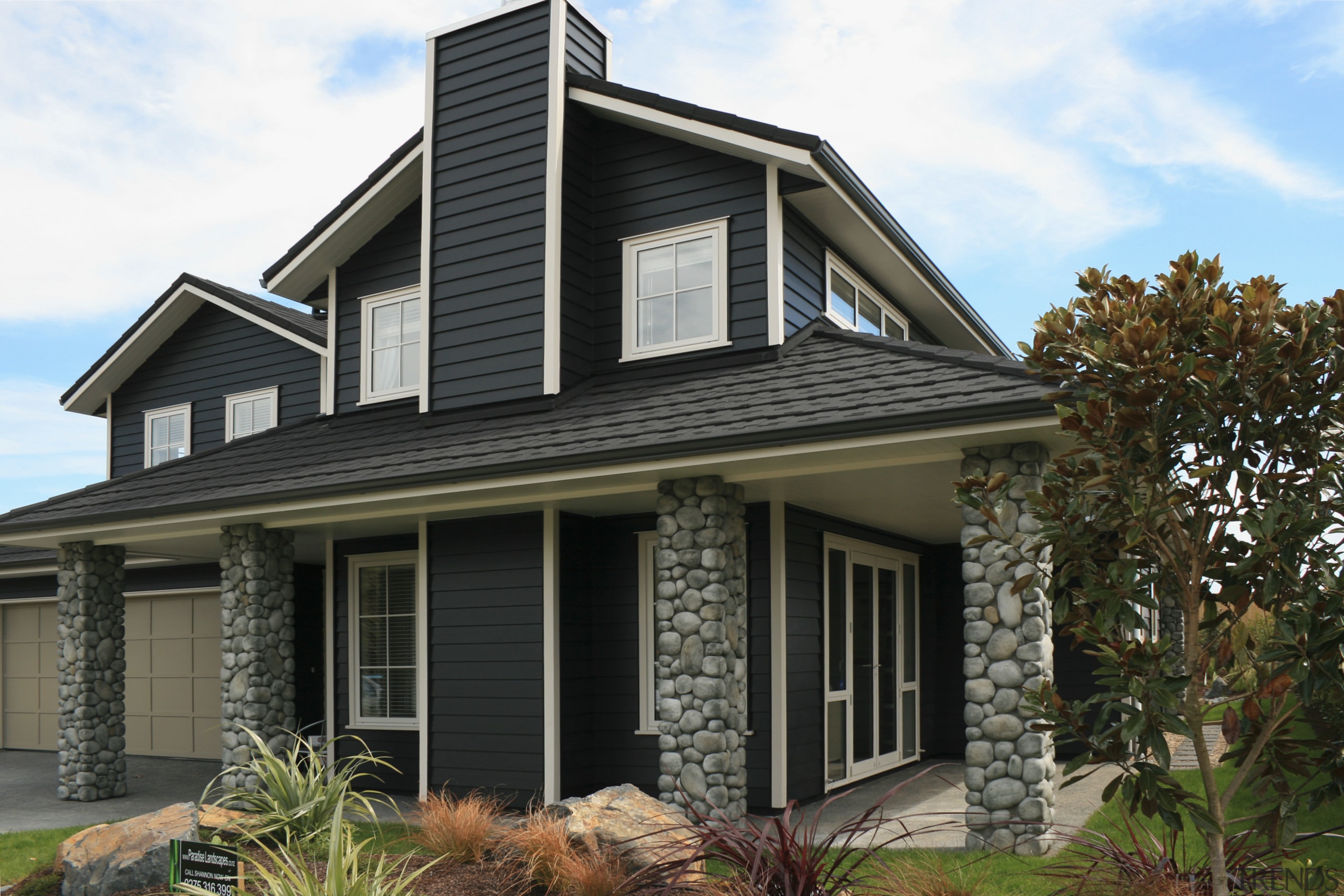 Image of the exterior of this home which building, cottage, elevation, facade, home, house, property, real estate, residential area, roof, siding, window, black