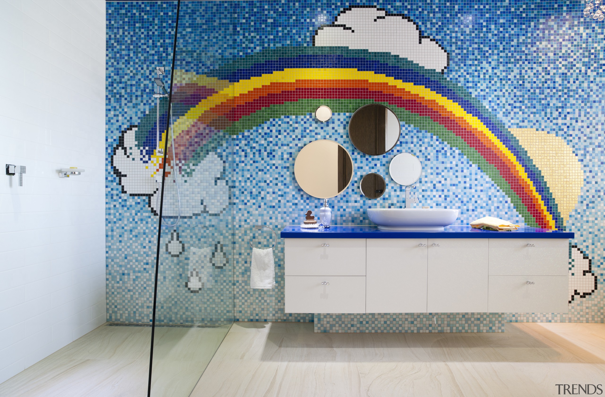 Colorful Bisazza mosiac tiles create a brilliant rainbow art, artwork, blue, design, interior design, mural, wall, gray, white