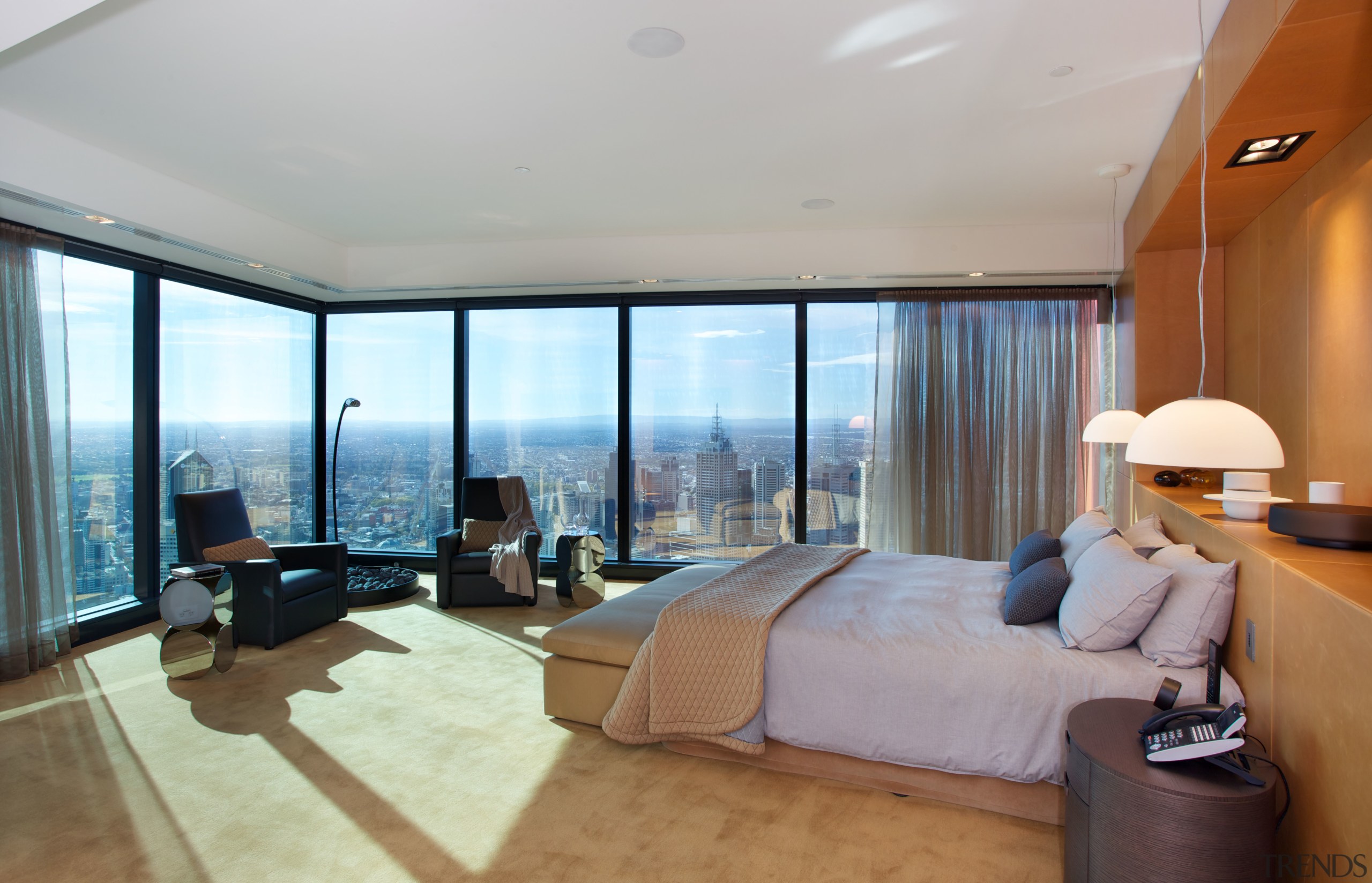 The master suite in the penthouse apartment in bedroom, ceiling, estate, floor, interior design, penthouse apartment, property, real estate, room, suite, window, gray