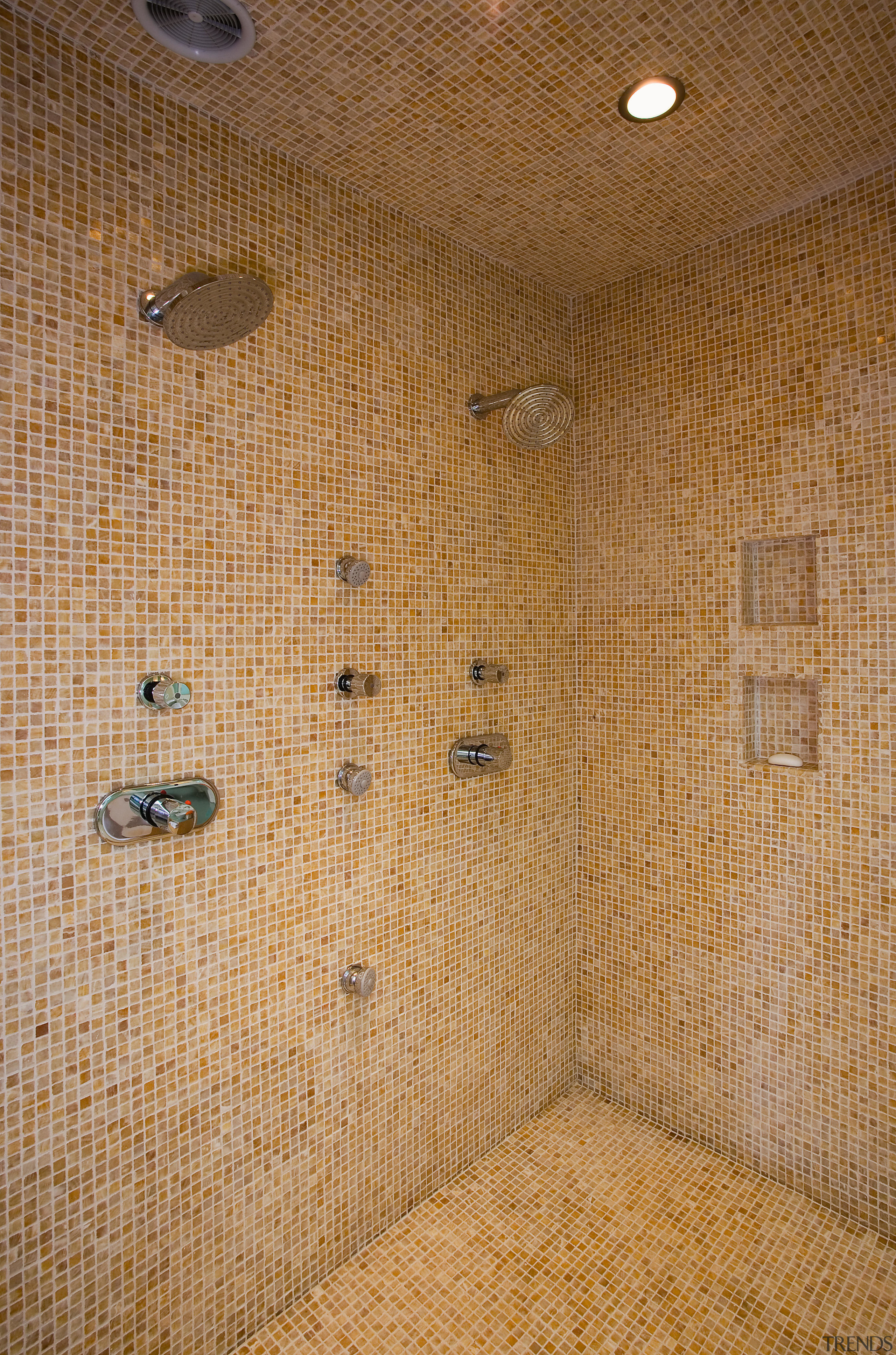 A view of the Shower featuring mosaic tiled ceiling, floor, flooring, room, tile, wall, wood, brown, orange