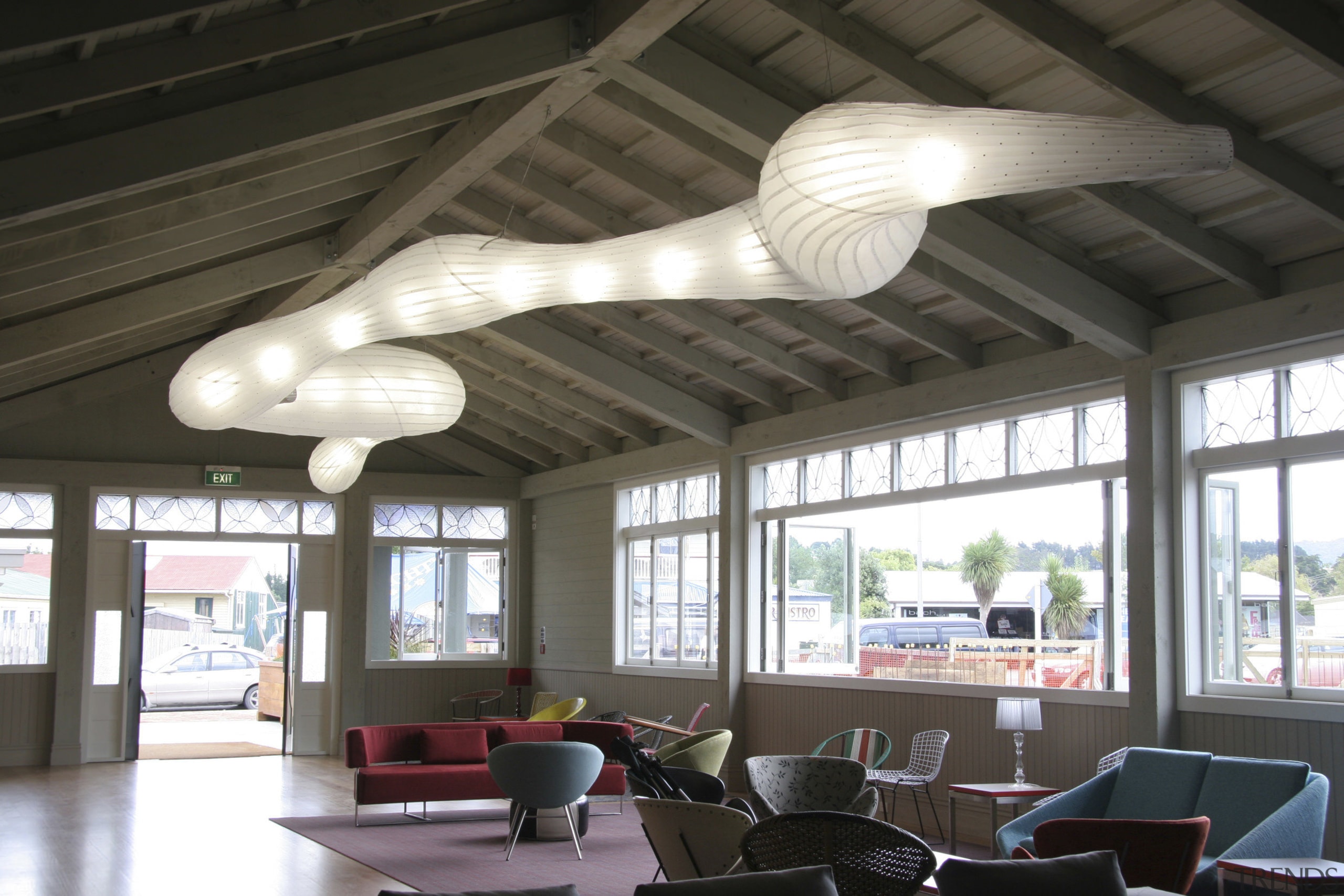 Due to its light weight translucence and vivid ceiling, daylighting, interior design, lighting, black, white