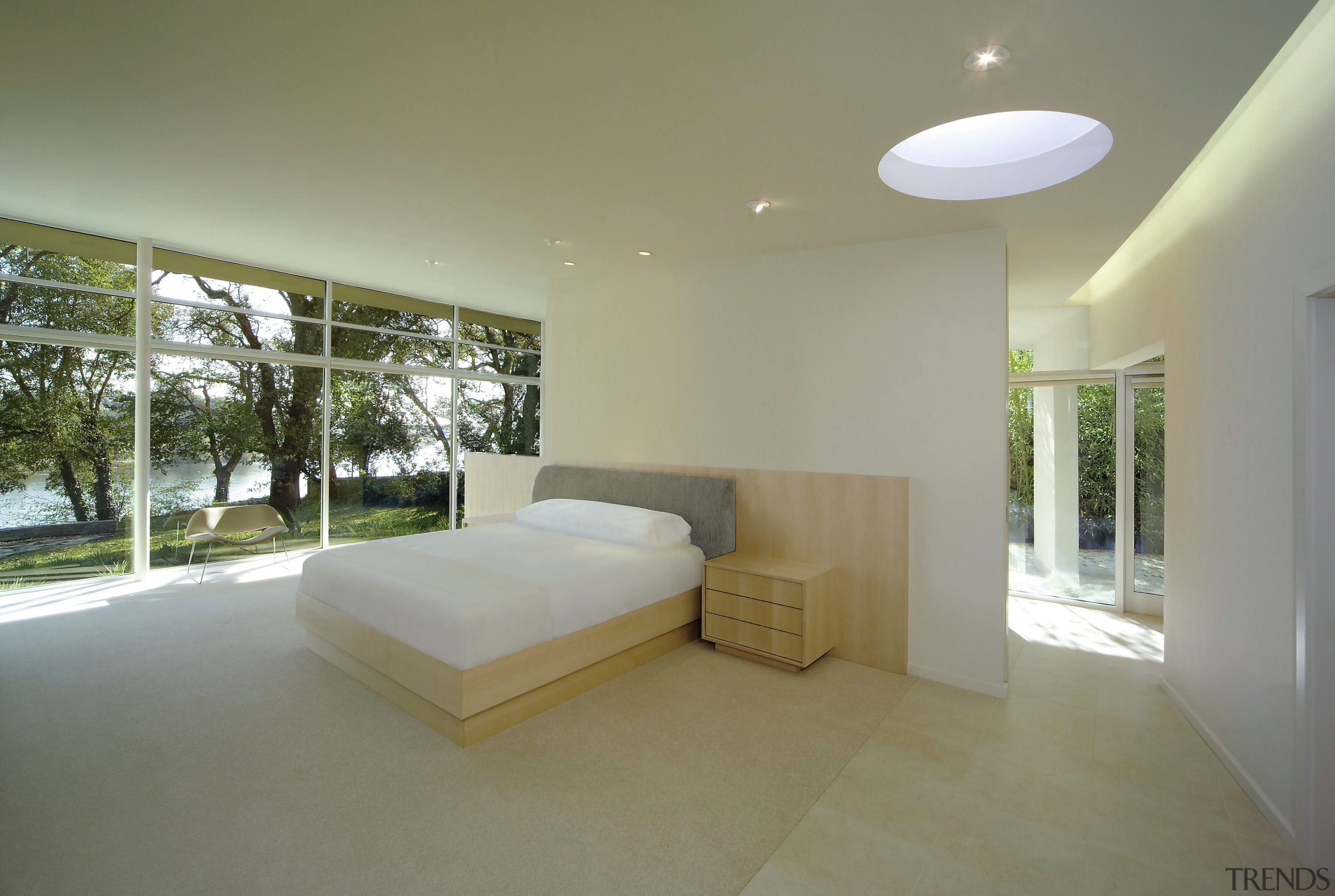 A view of the master bedroom, stone floors, architecture, ceiling, daylighting, estate, floor, home, house, interior design, property, real estate, window, gray