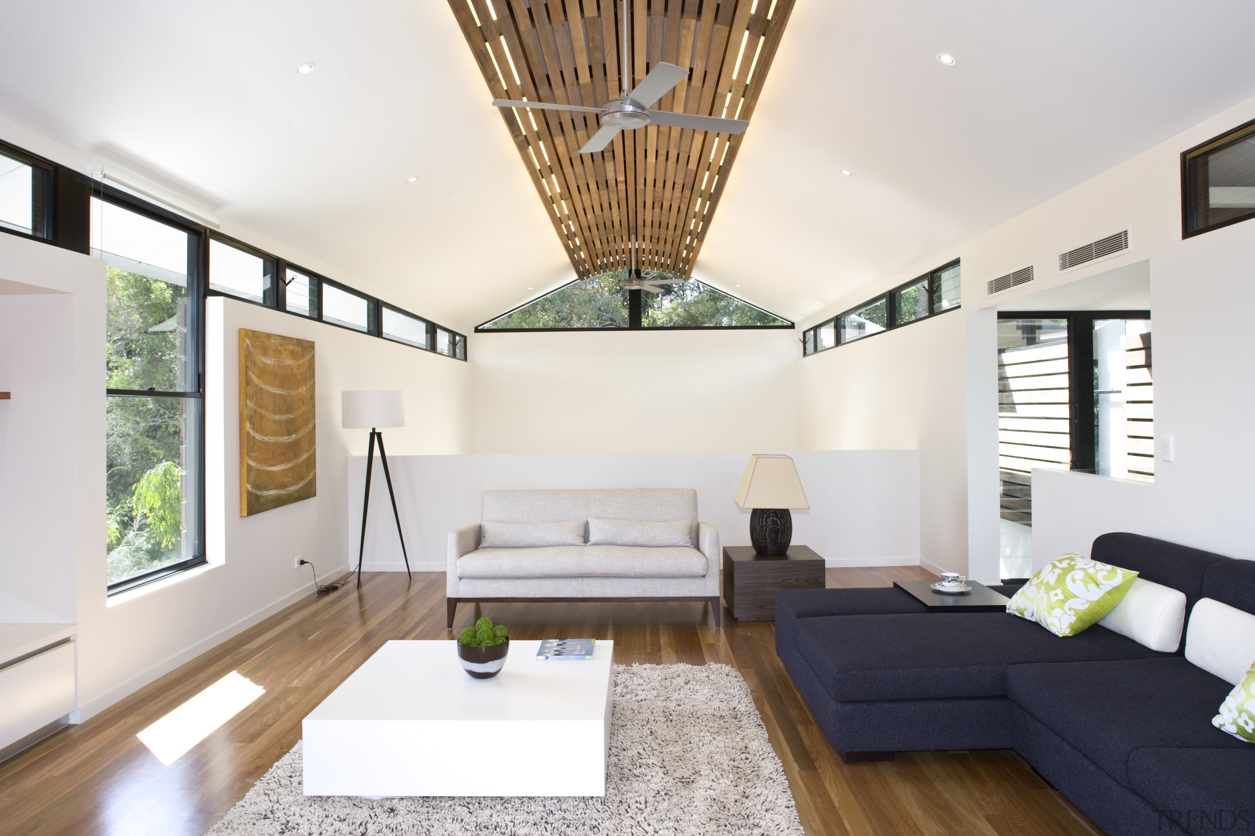 Modern lounge area with clerestory windows and vaulted architecture, ceiling, daylighting, house, interior design, interior designer, living room, real estate, white