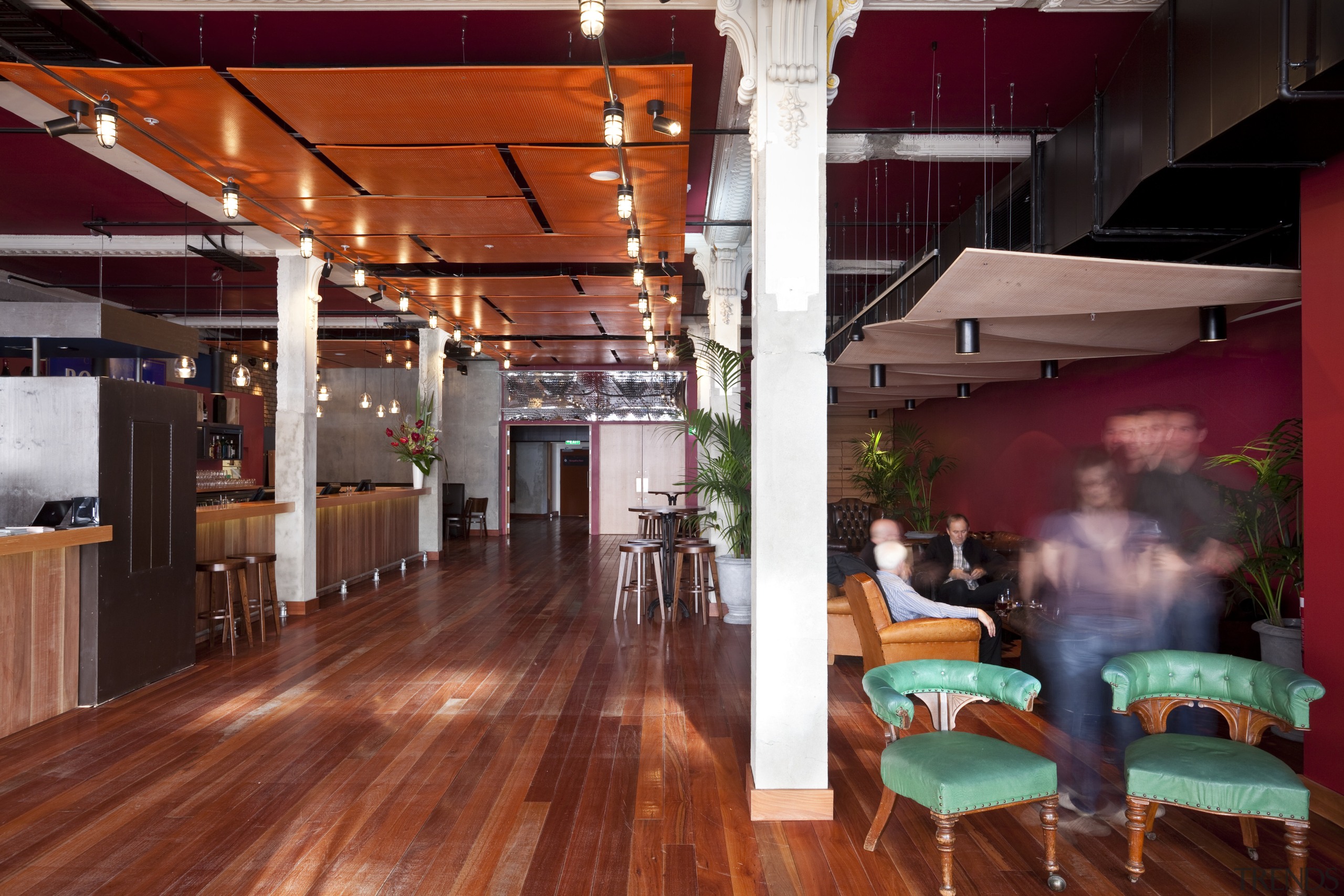 Here is a view of Auckland's Q theatre, flooring, interior design, lobby, wood, red