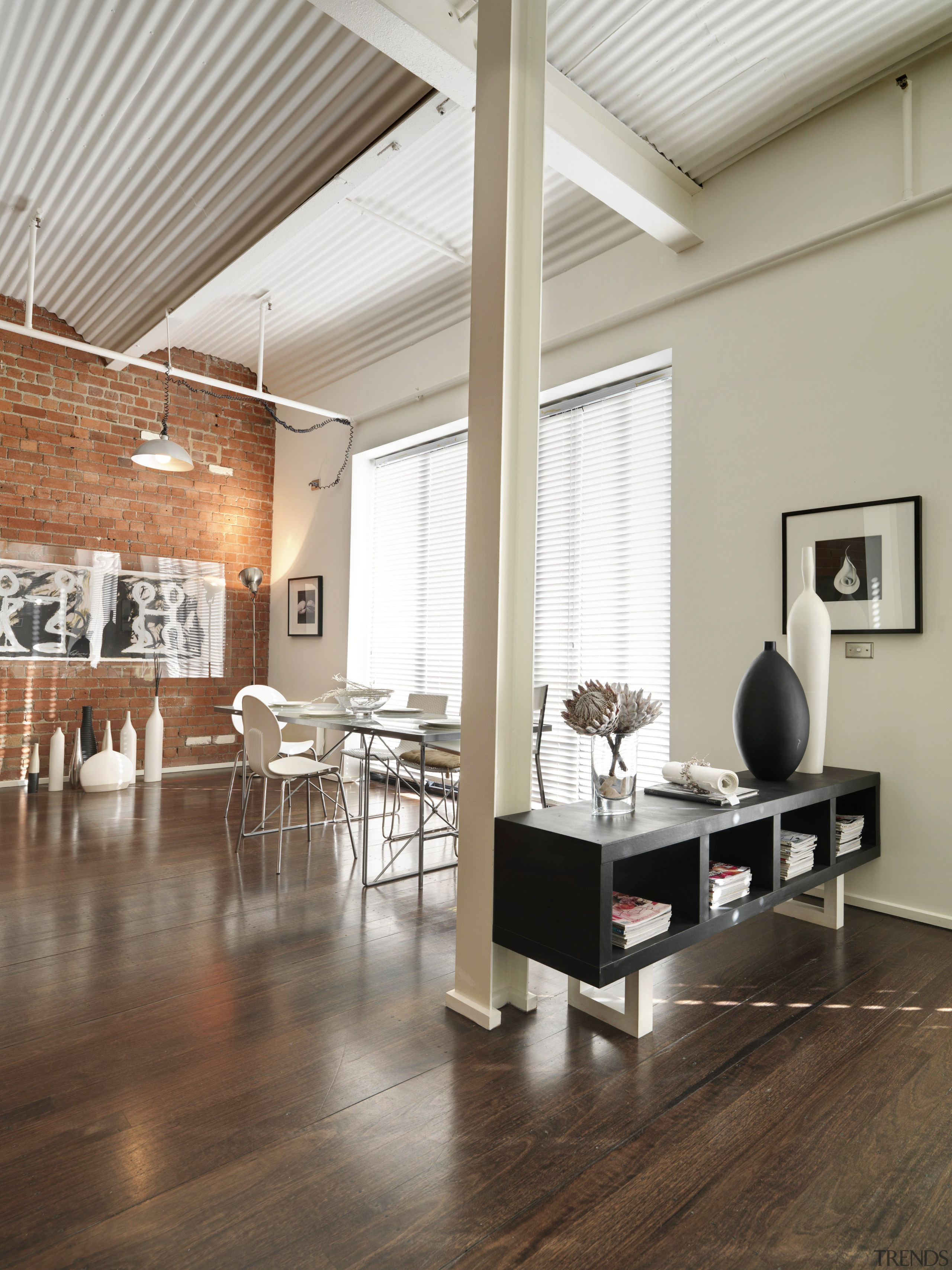 View of open-plan dining area with dark-stained timber ceiling, floor, flooring, furniture, hardwood, interior design, laminate flooring, living room, loft, table, wall, wood, wood flooring, gray, brown