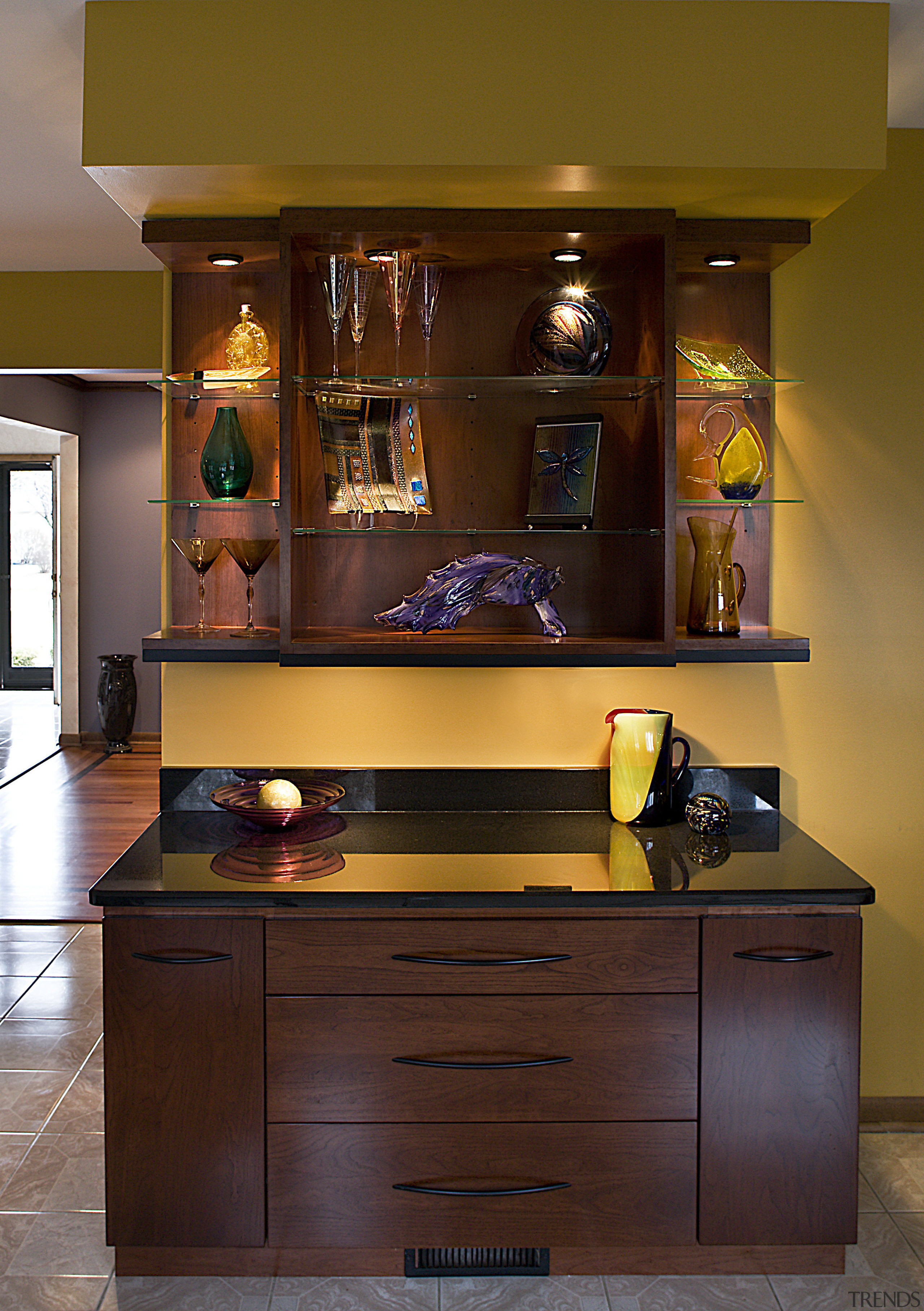 Cabinet Desk and display space with glass countertop cabinetry, countertop, furniture, interior design, kitchen, shelf, shelving, table, brown, red