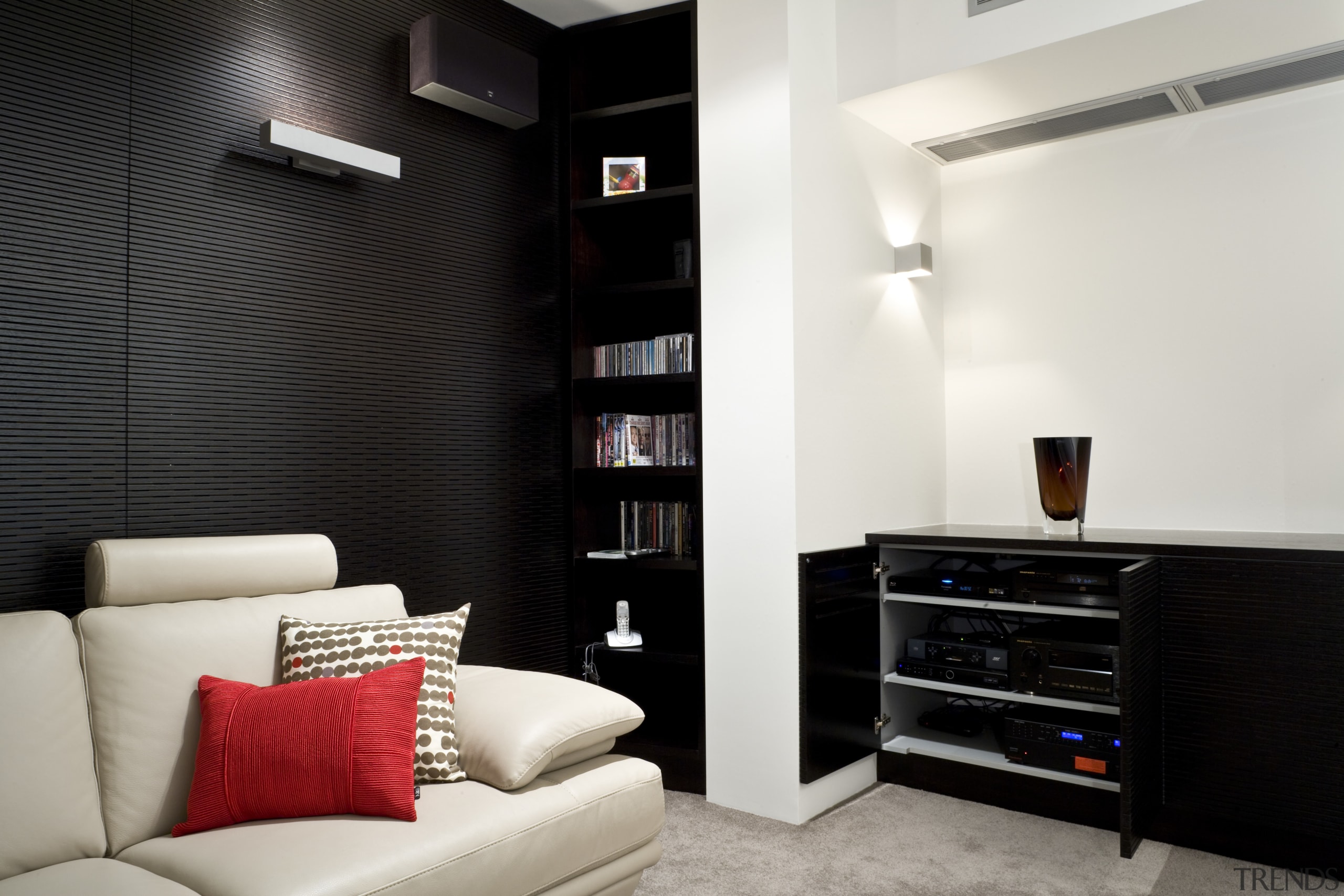 Image of lounge and living area which RH home, interior design, living room, room, wall, black, white