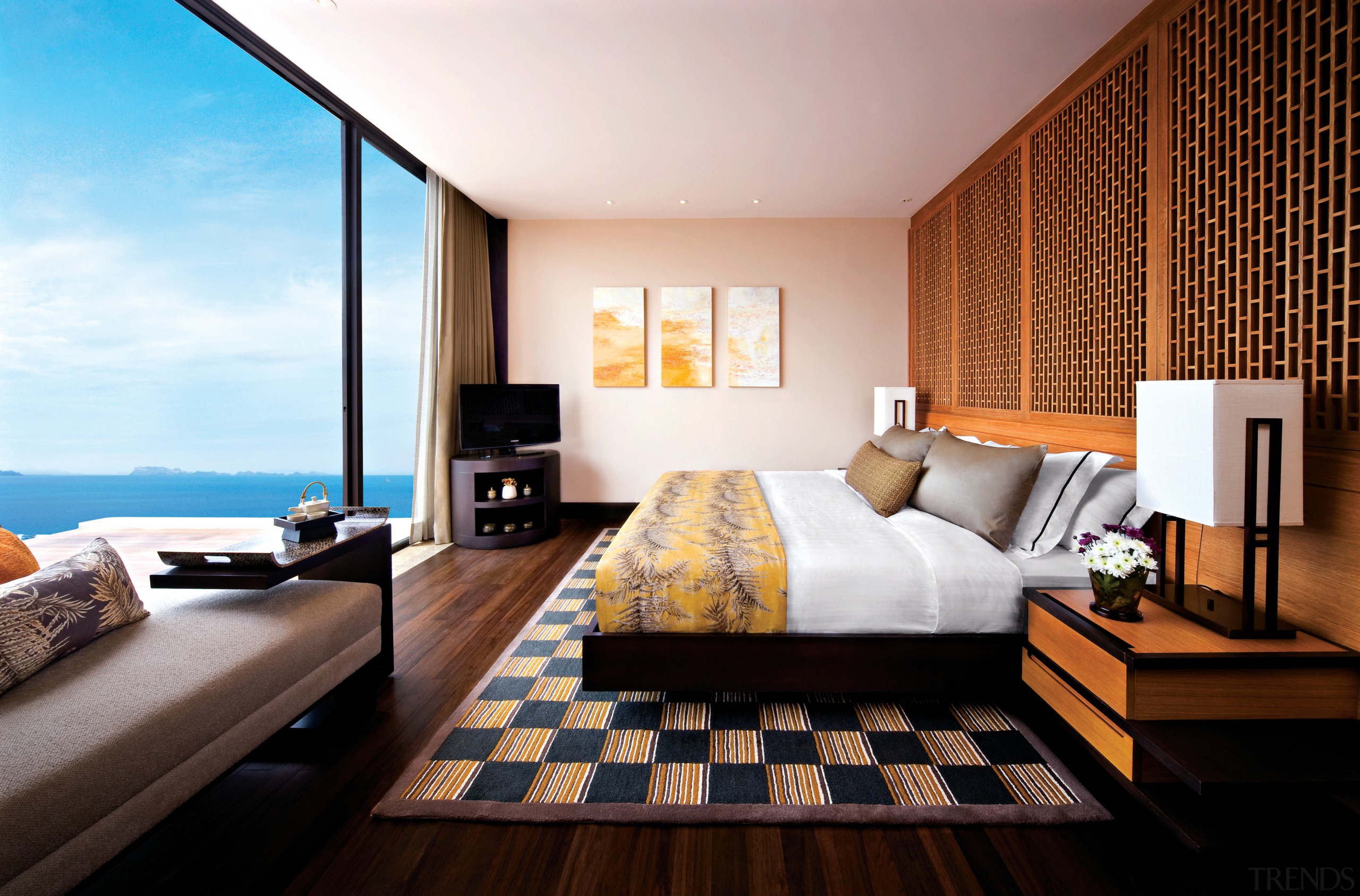 View of contemporary resort with European/Thai-style furniture, sliding architecture, bedroom, ceiling, hotel, interior design, living room, real estate, room, suite, wall, window, white