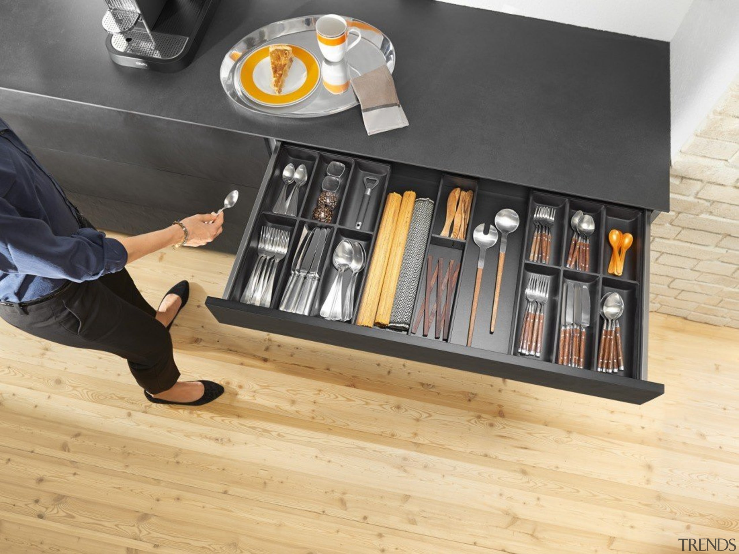 AMBIA-LINE inner dividing system – organization at its floor, flooring, furniture, product, product design, shelf, shelving, table, wood, orange, black