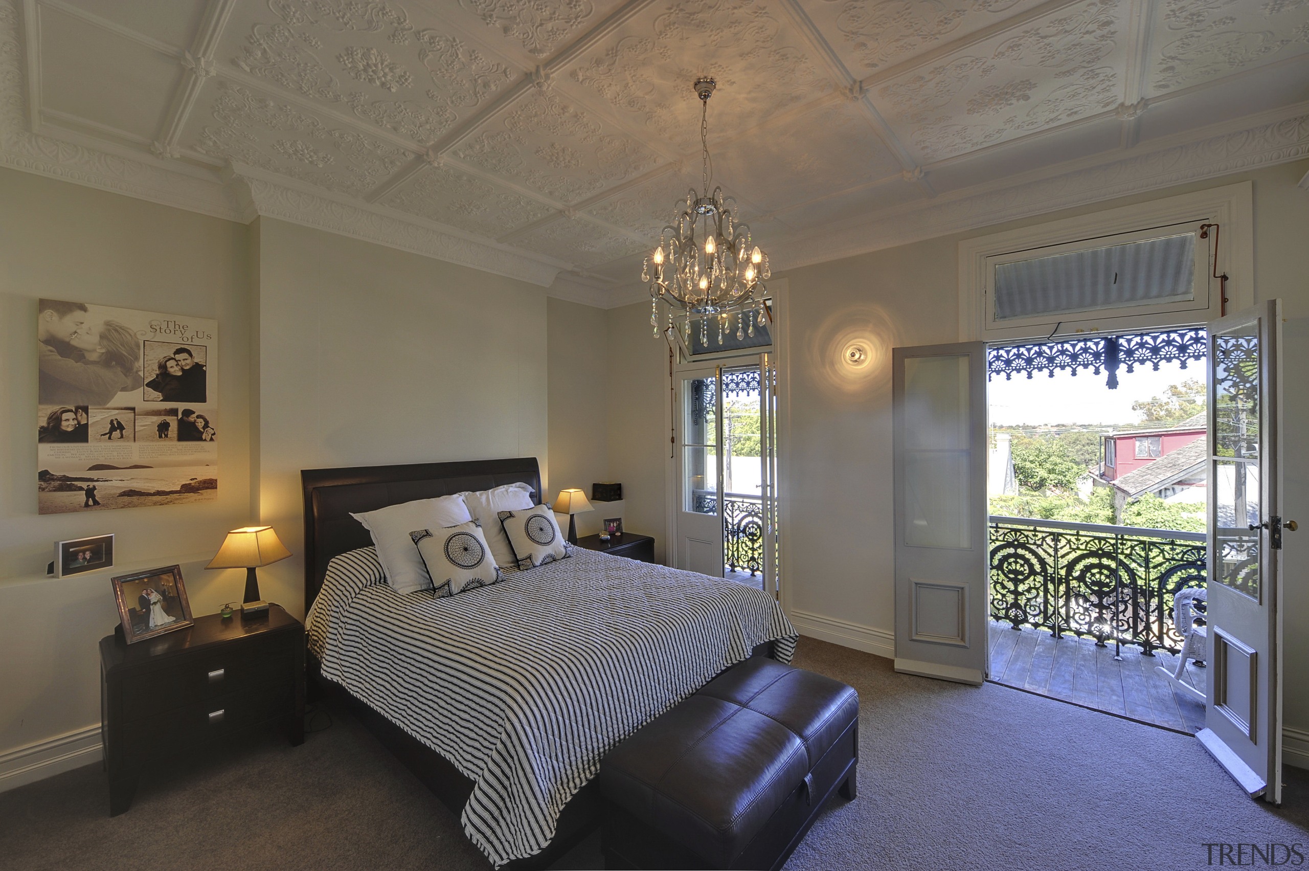 Bedroom with deck. - Bedroom with deck. - architecture, bedroom, ceiling, estate, home, interior design, property, real estate, room, window, gray, brown